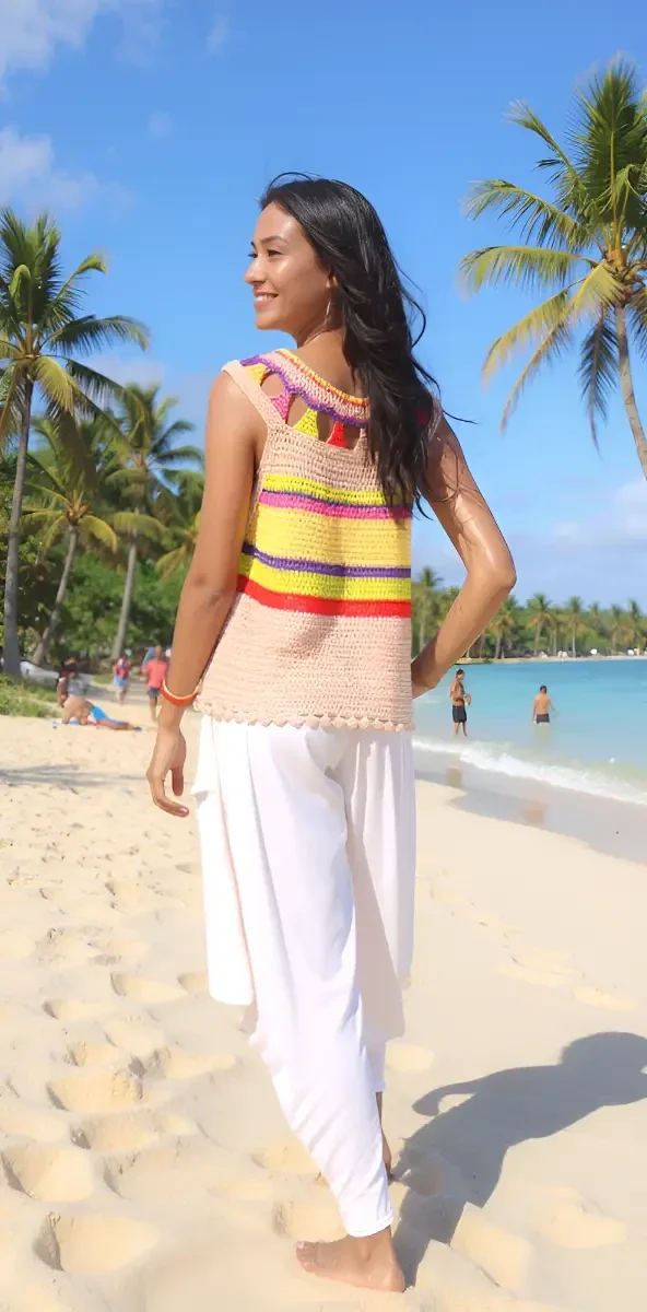 Haut en crochet fait main Cléopatra violet, jaune, vert, rouge et beige T 40/42