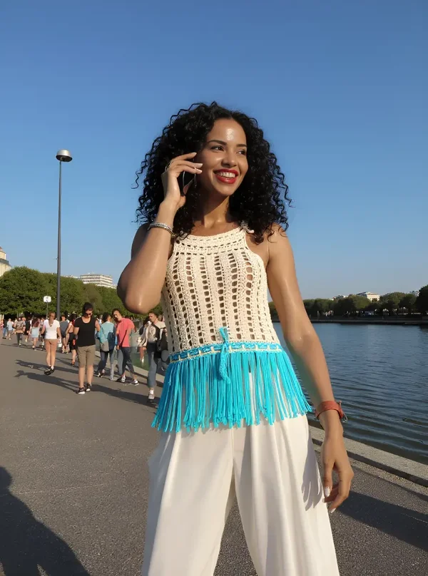 Haut en crochet fait main Frangine beige et turquoise T 38/40