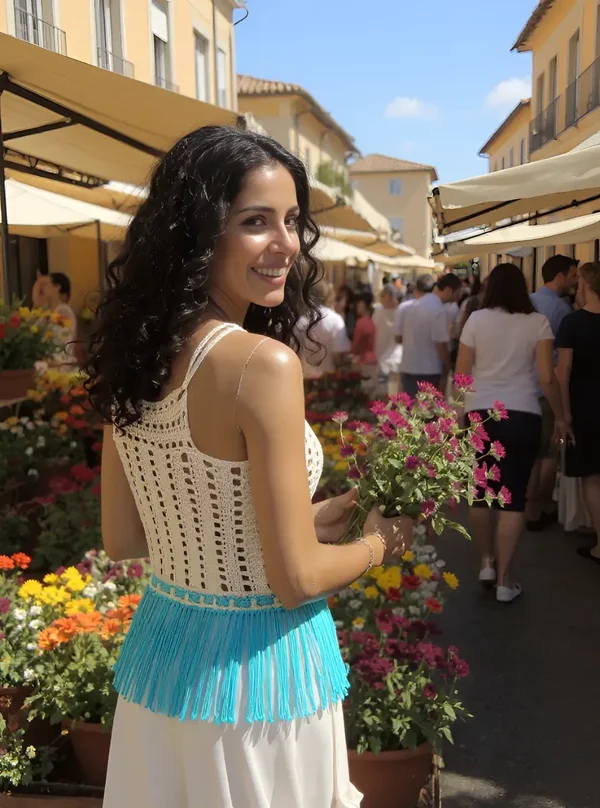 Haut en crochet fait main Frangine beige et turquoise T 38/40