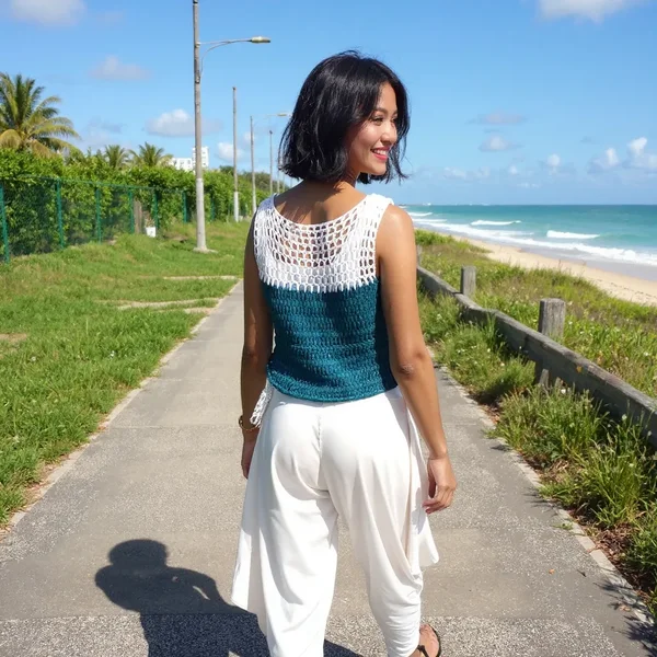 Haut en crochet fait main Daisy bicolore avec des motifs floraux T 38/42