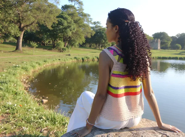 Haut en crochet fait main Cléopatra violet, jaune, vert, rouge et beige T 40/42