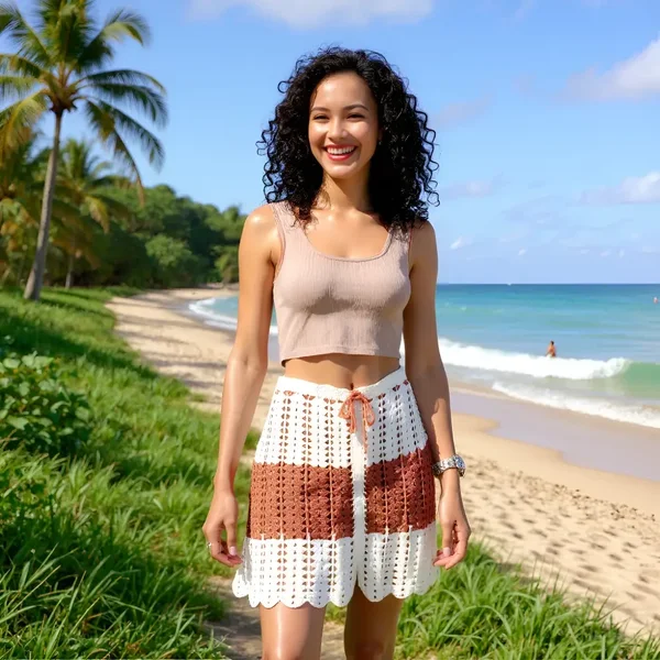 Jupe au crochet fait main Caféchicco blanc, marron et beige T 38/40