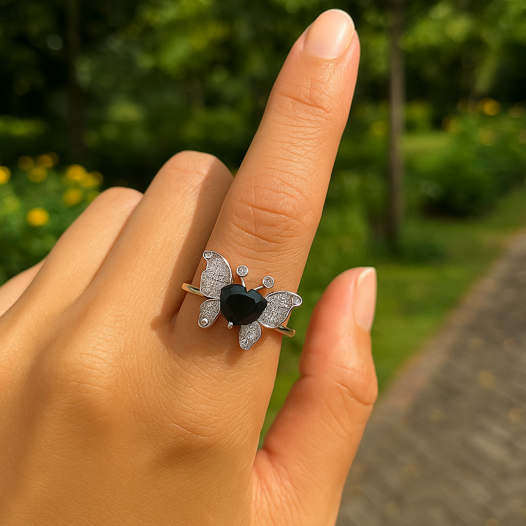 Silver Midnight Transformation Ring — Black Obsidian Butterfly