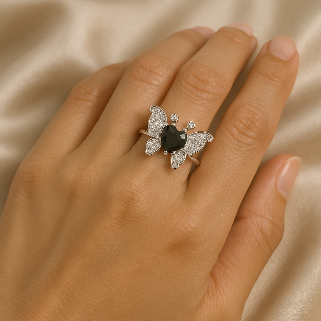 Silver Midnight Transformation Ring — Black Obsidian Butterfly