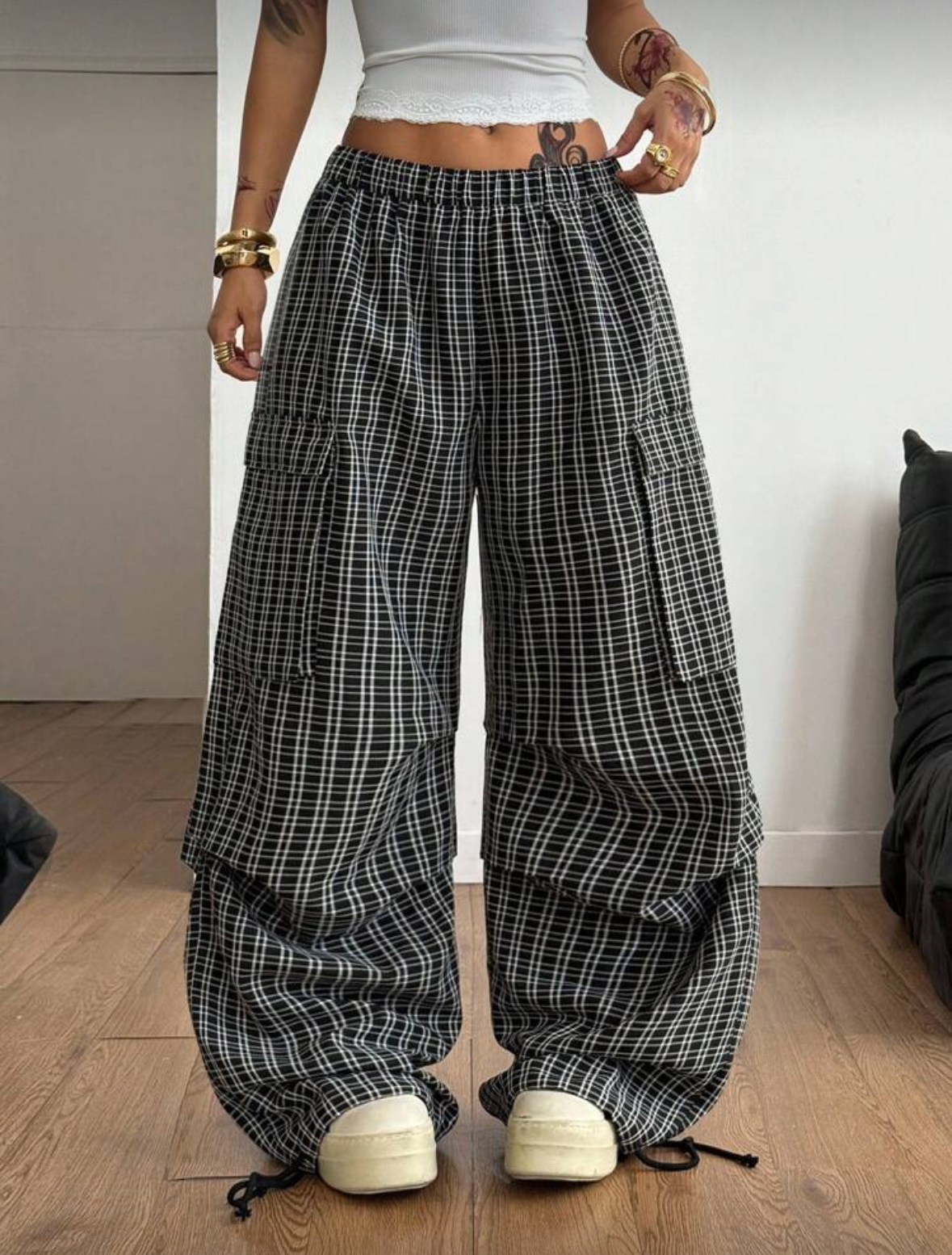 High-Waisted Plaid Cargo Pants