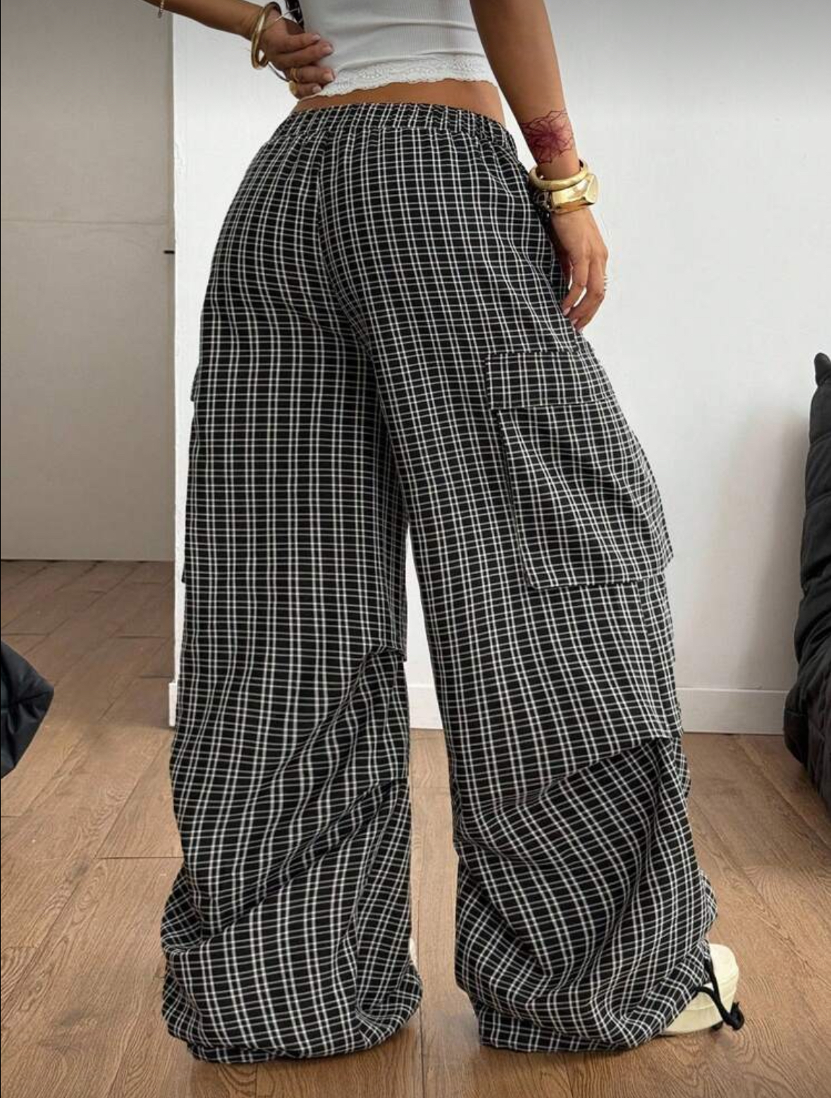High-Waisted Plaid Cargo Pants