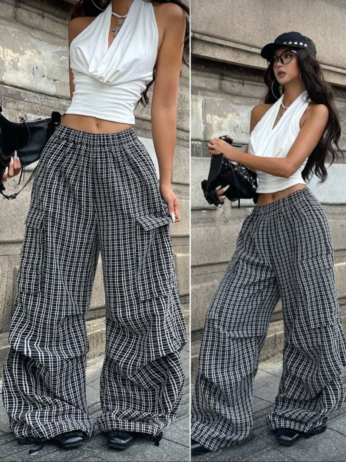 High-Waisted Plaid Cargo Pants