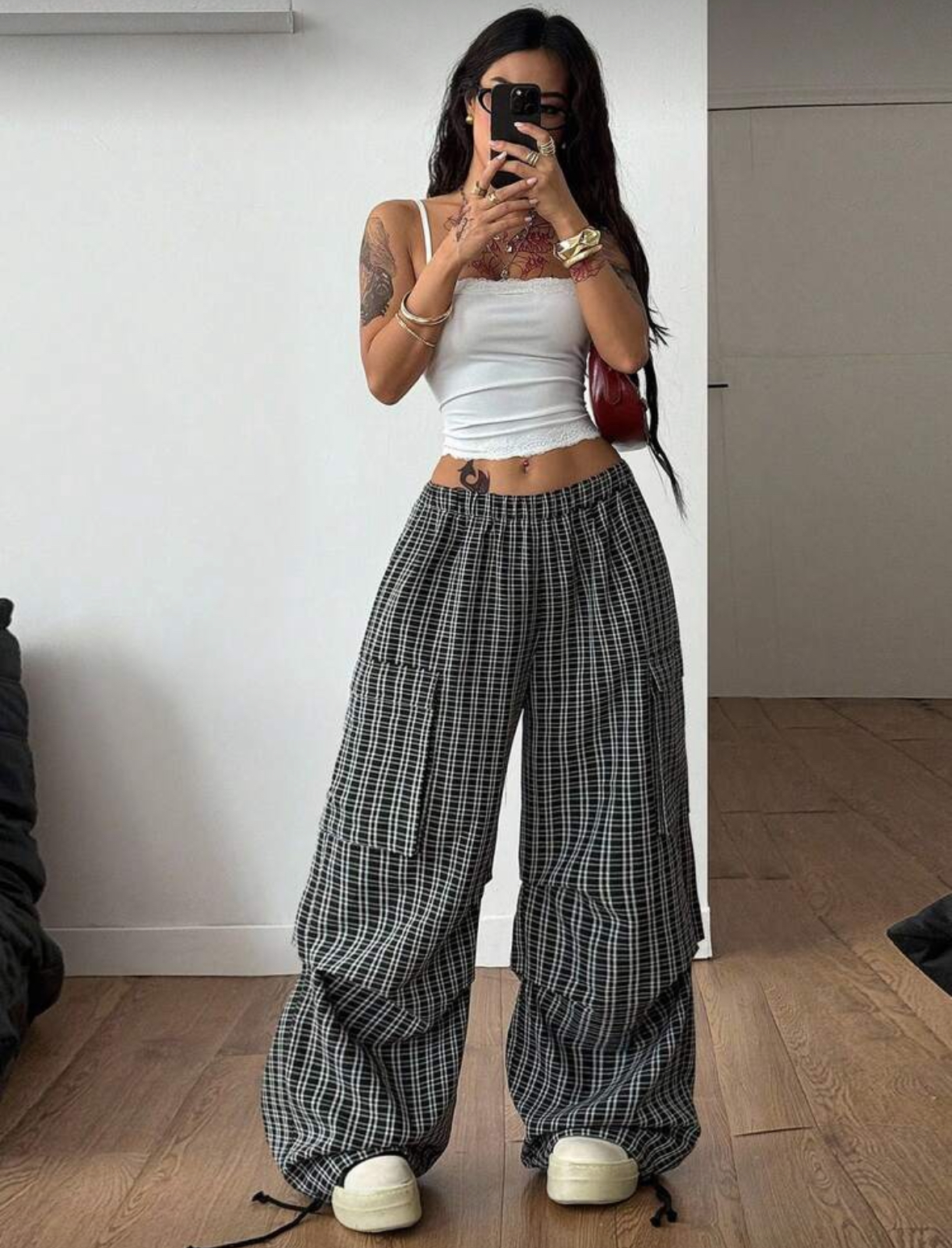 High-Waisted Plaid Cargo Pants