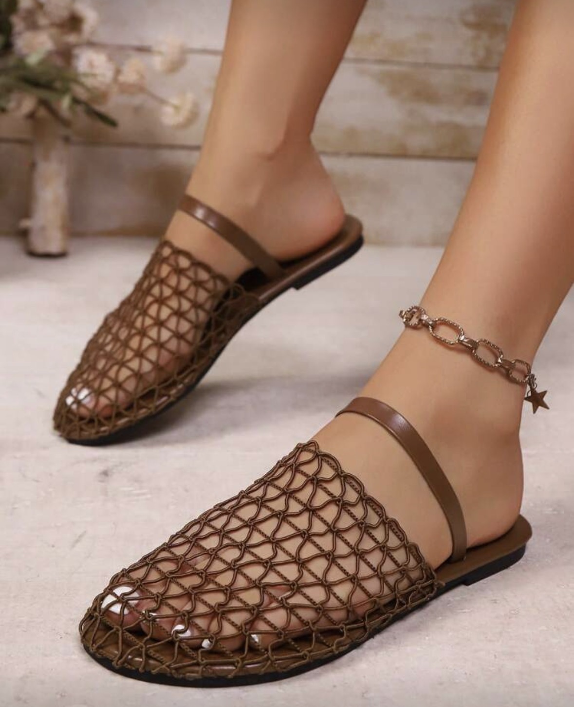 Brown Woven Slip-On Sandals