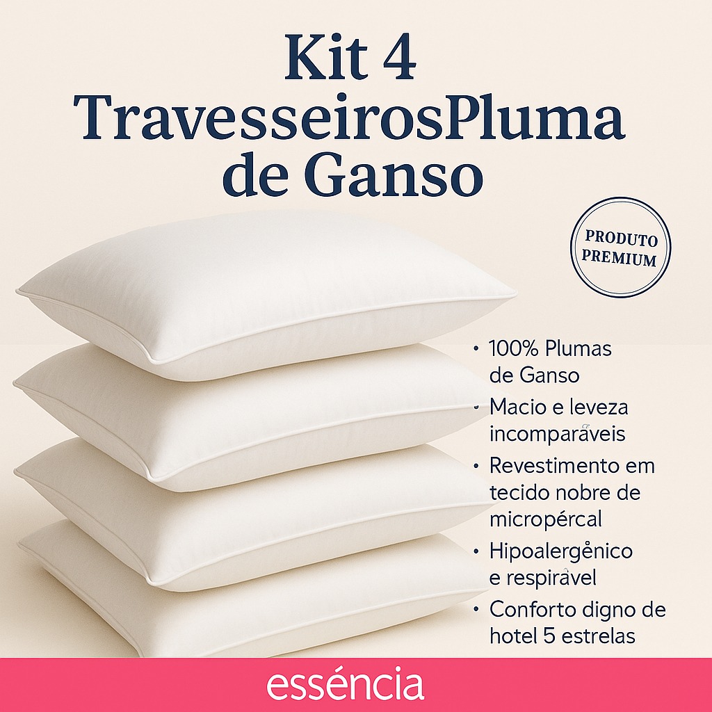Kit 4 Travesseiros Pluma de Ganso Sintética: O Máximo em Conforto e Sono Reparador