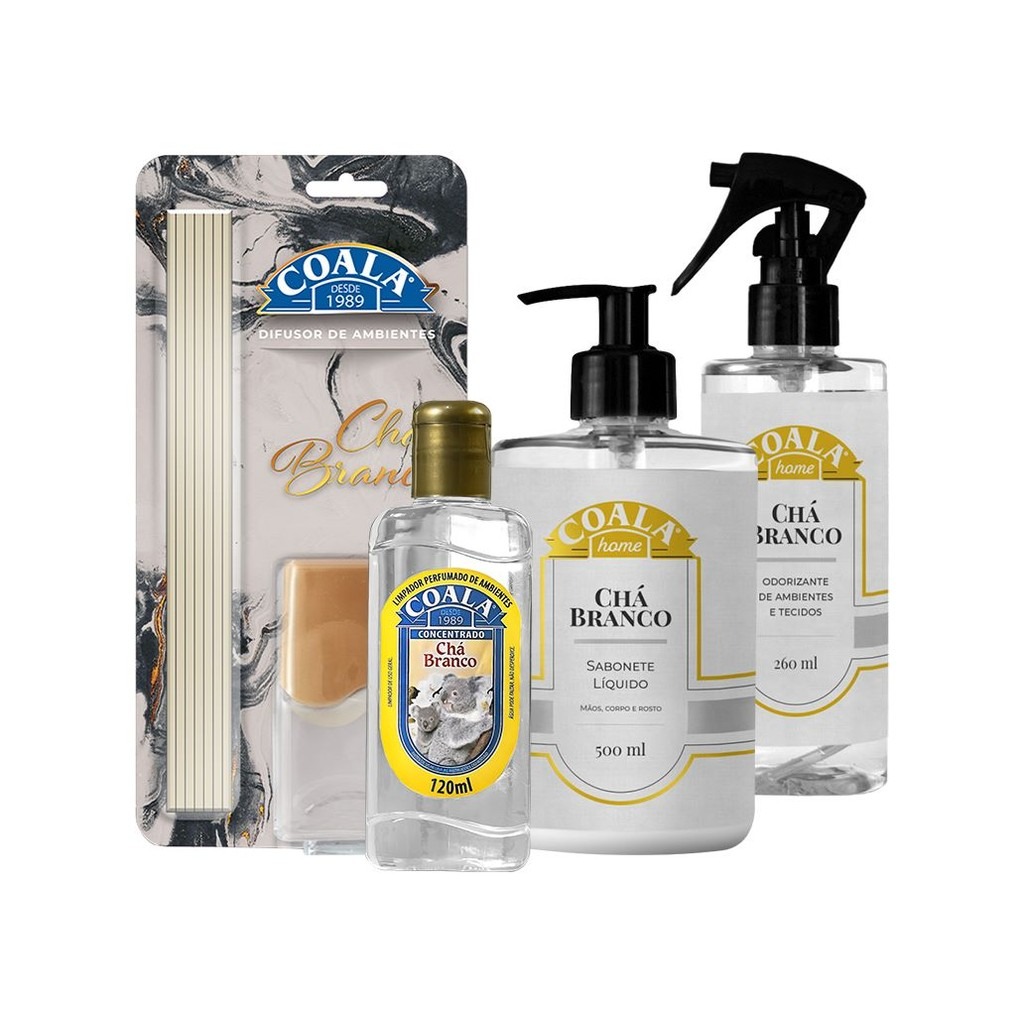Kit Completo Coala Chá Branco: Difusor, Odorizante e Sabonete Líquido para uma Casa Perfumada