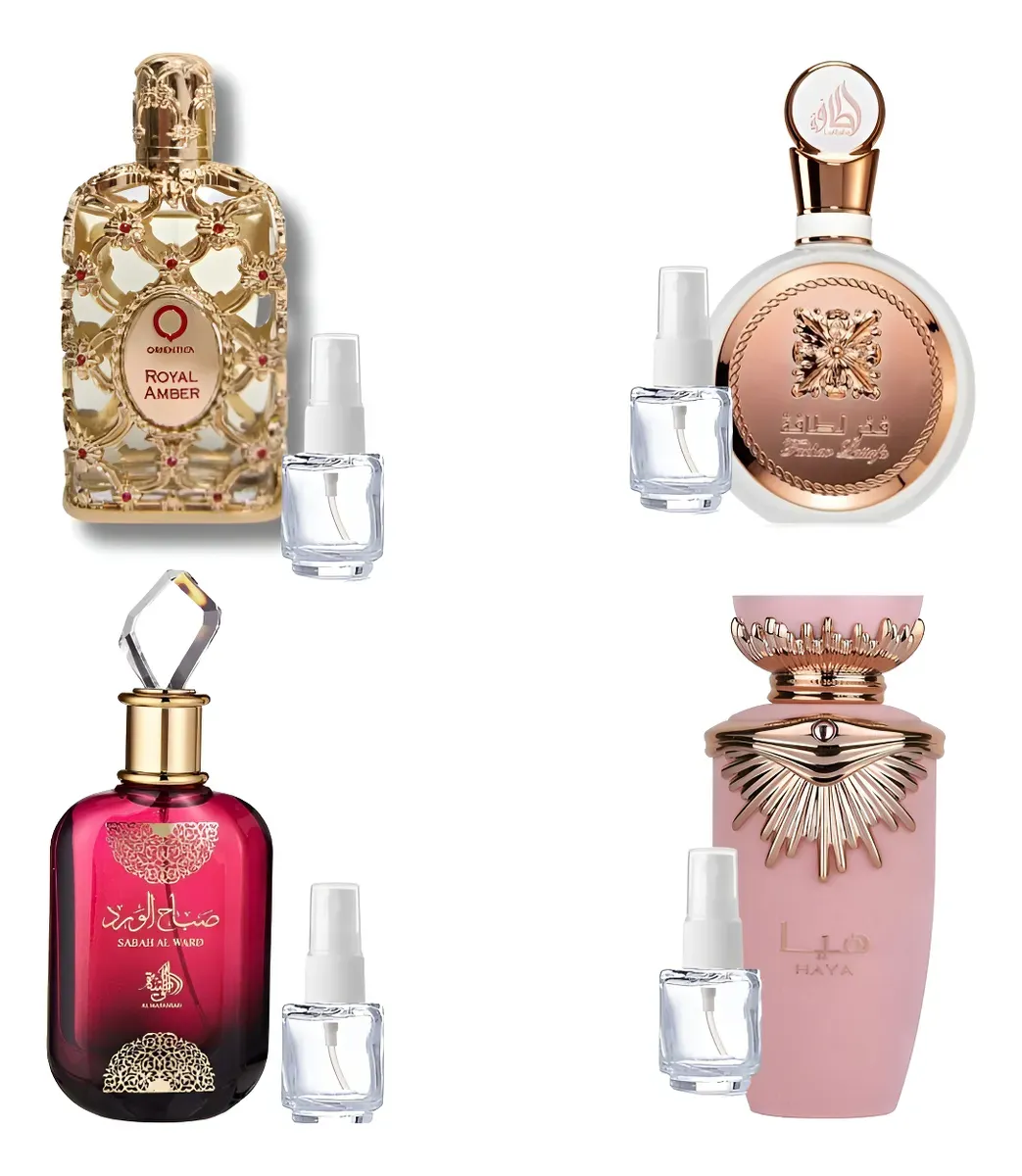 Kit com 4 Perfumes Árabes Fracionados Lattafa (5 mL cada) – Luxo e Exclusividade em Tamanho Travel Size