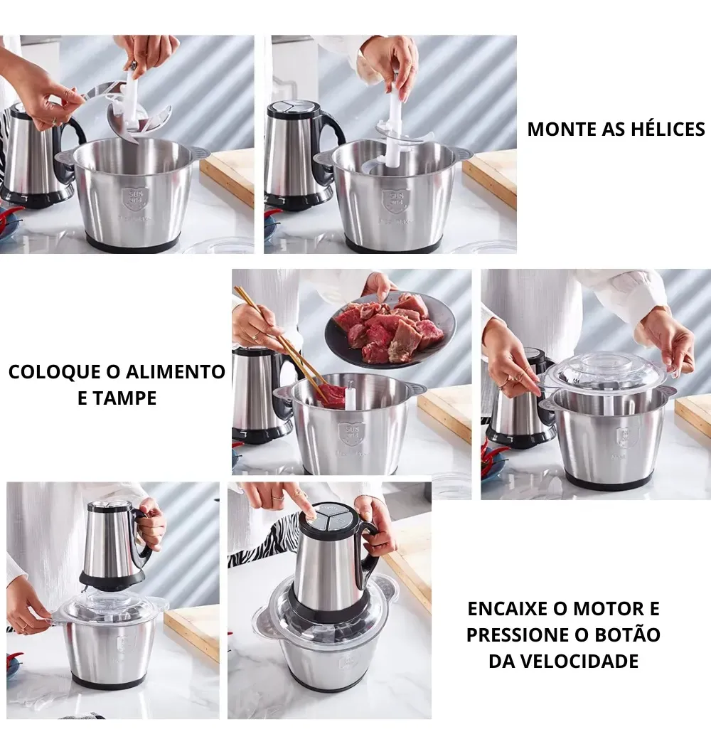 Multiprocessador Picador de Alimentos 1800W, 3 Litros – Moedor de Carne e Legumes com Lâminas Inox – 110V ou 220V