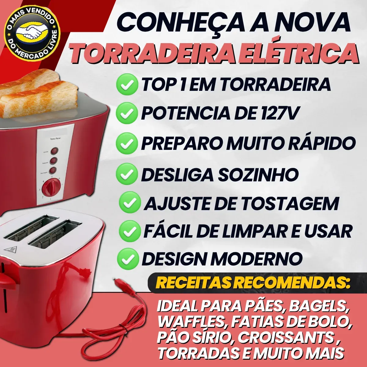 Torradeira Elétrica Multifuncional 127V – 800W, 7 Níveis de Tostagem, Descongela e Reaquece | Praticidade no Café da Manhã