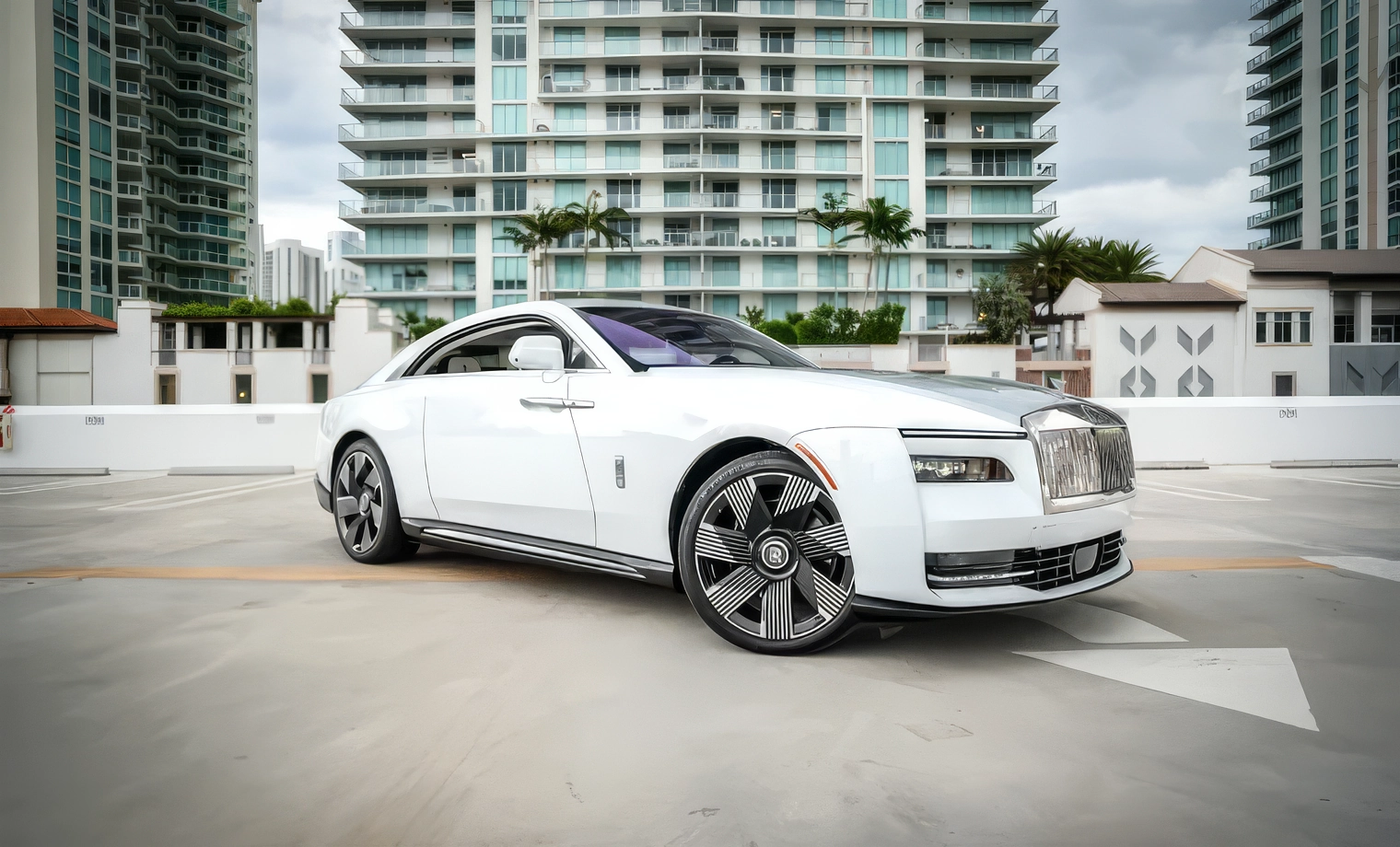 Rolls-Royce Spectre — Arctic White over Jubilee Silver on Seashell & Black