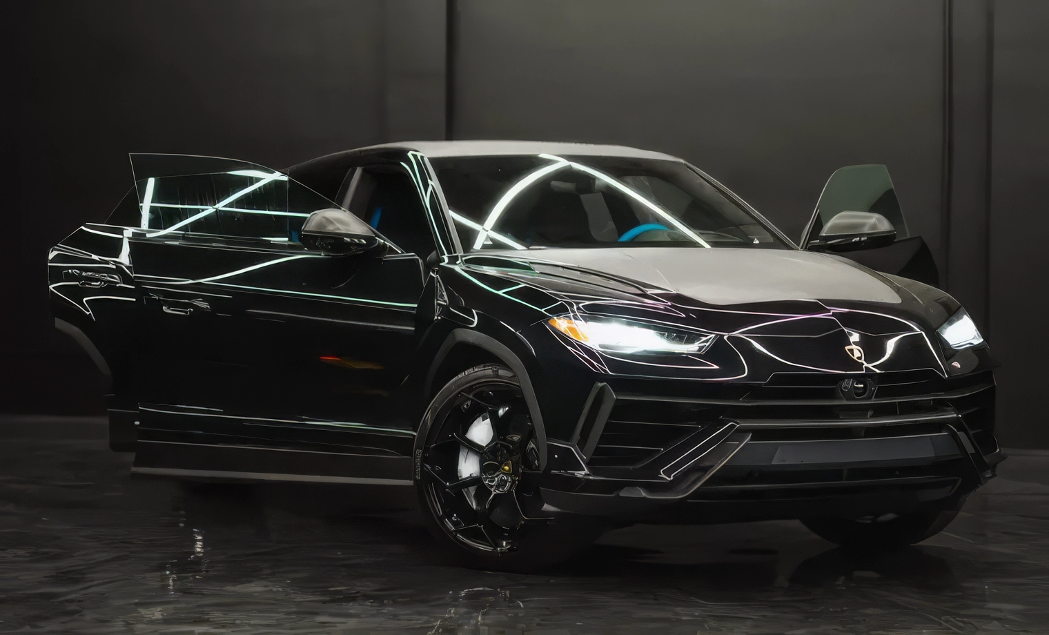 Lamborghini Urus S – Nero Noctis on Nero Ade & Blu Nethuns (Gloss Black on Black & Blue)