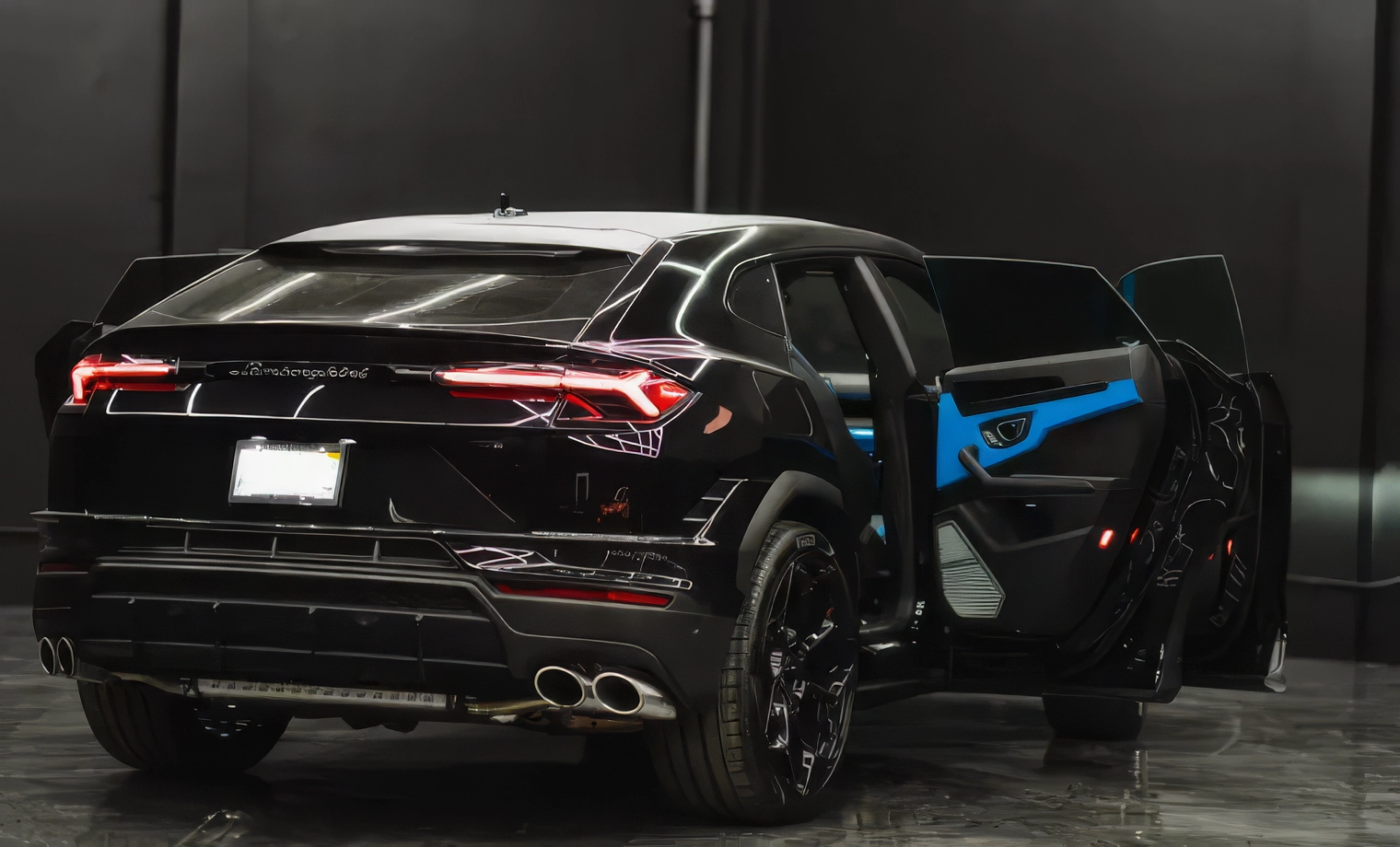 Lamborghini Urus S – Nero Noctis on Nero Ade & Blu Nethuns (Gloss Black on Black & Blue)