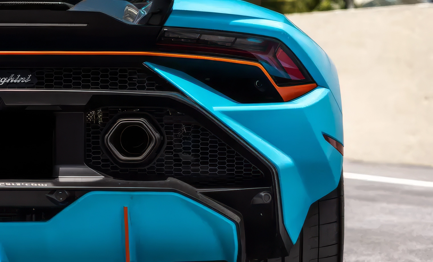 Lamborghini Huracán Tecnica – Blu Eleos on Nero Ade & Arancio Leonis (Sky Blue on Black & Orange)