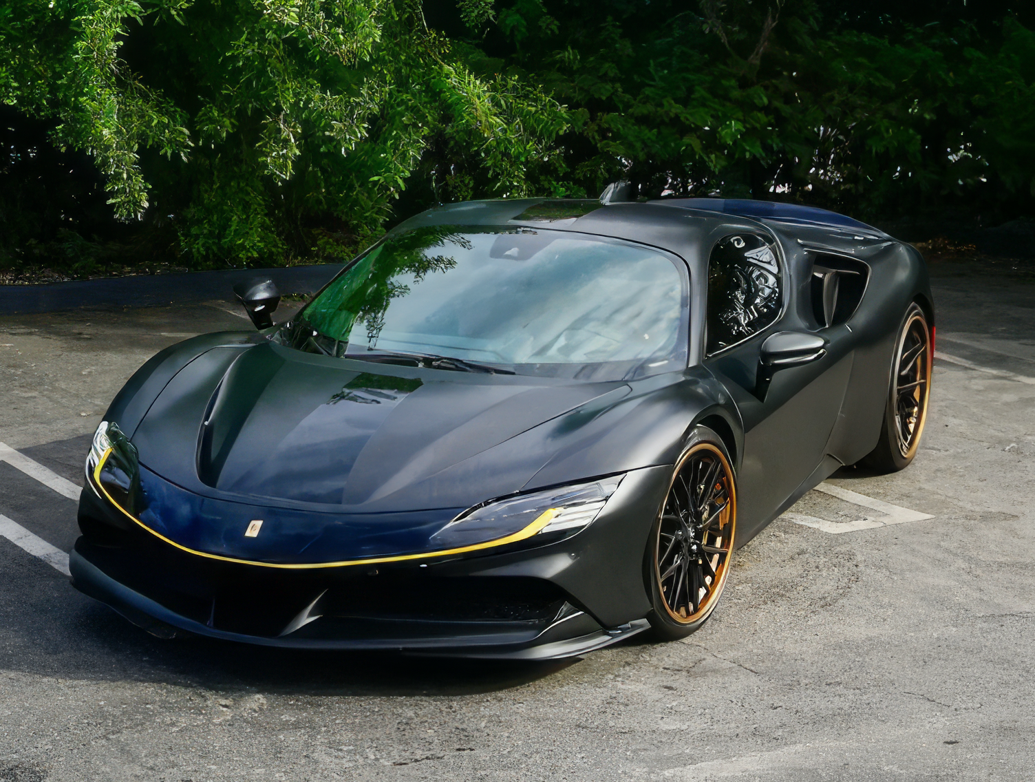 Ferrari SF90 Stradale — Nero Opaco on Cuoio (Matte Black on Tan)