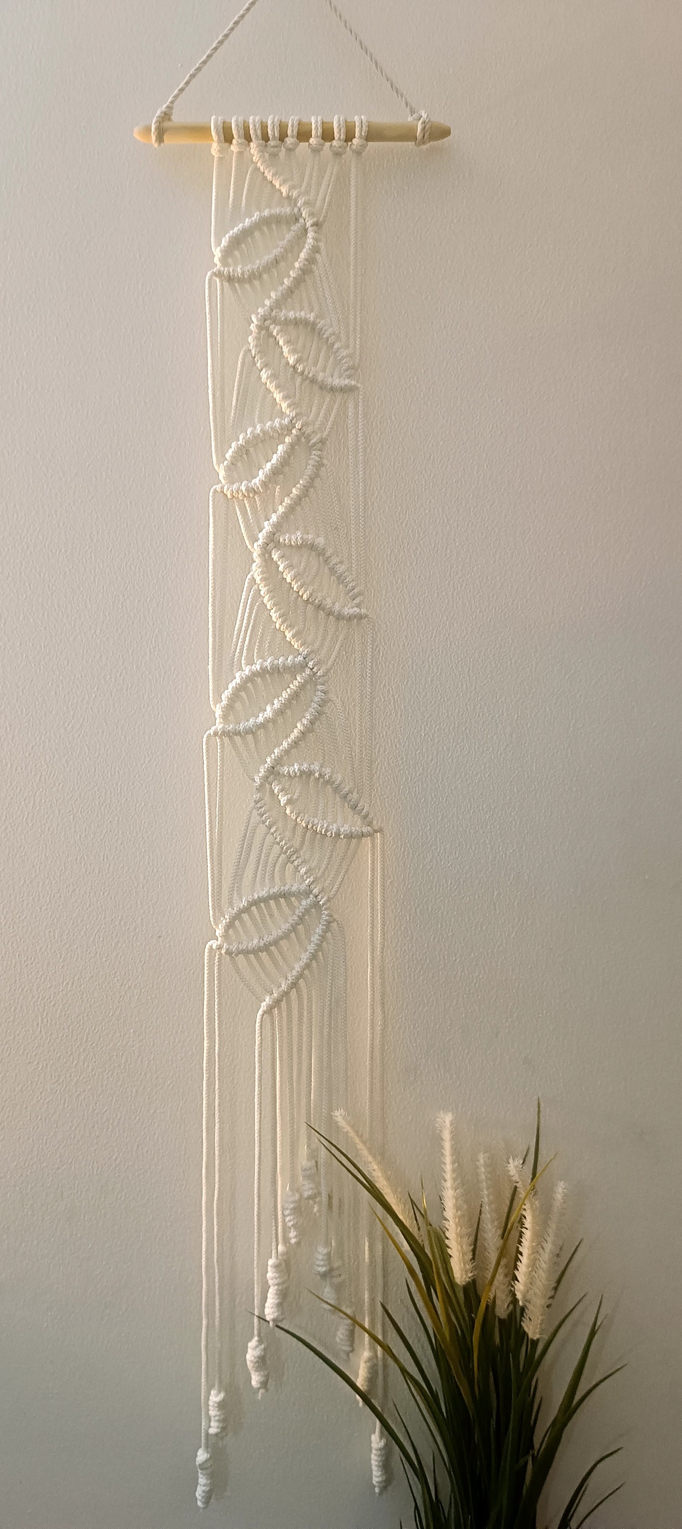 White Macrame narrow knotted leaves wall hanging