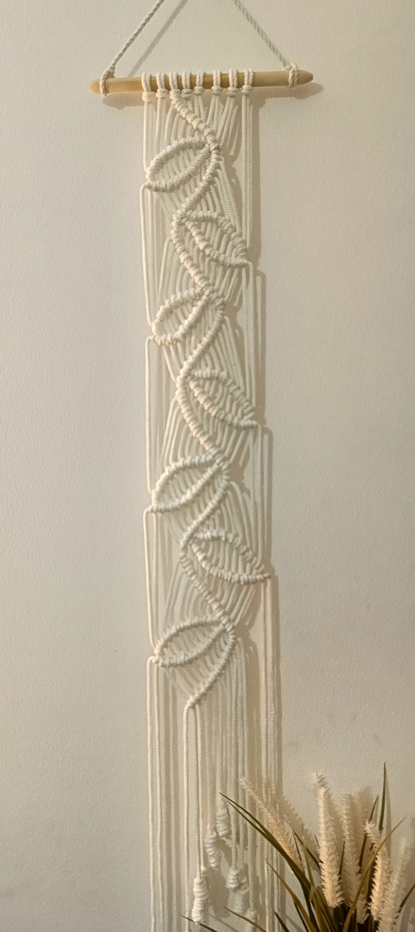 White Macrame narrow knotted leaves wall hanging