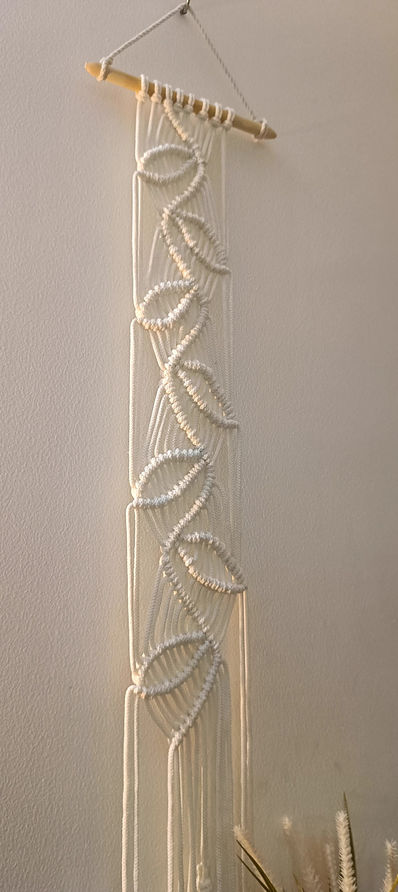 White Macrame narrow knotted leaves wall hanging