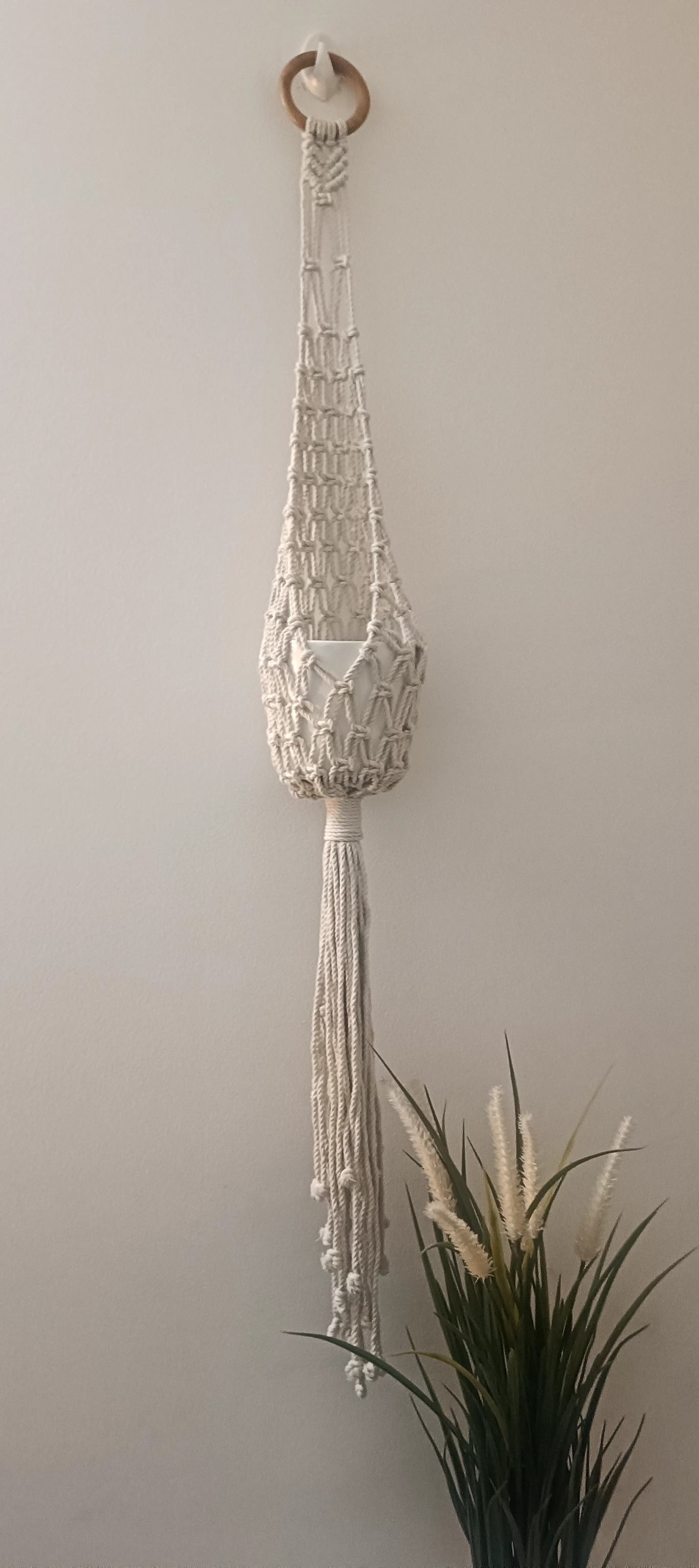 Macrame Cotton Plant Wooden Ring Net Style Hanger | Home Decor Flower Planter  100 Cms length
