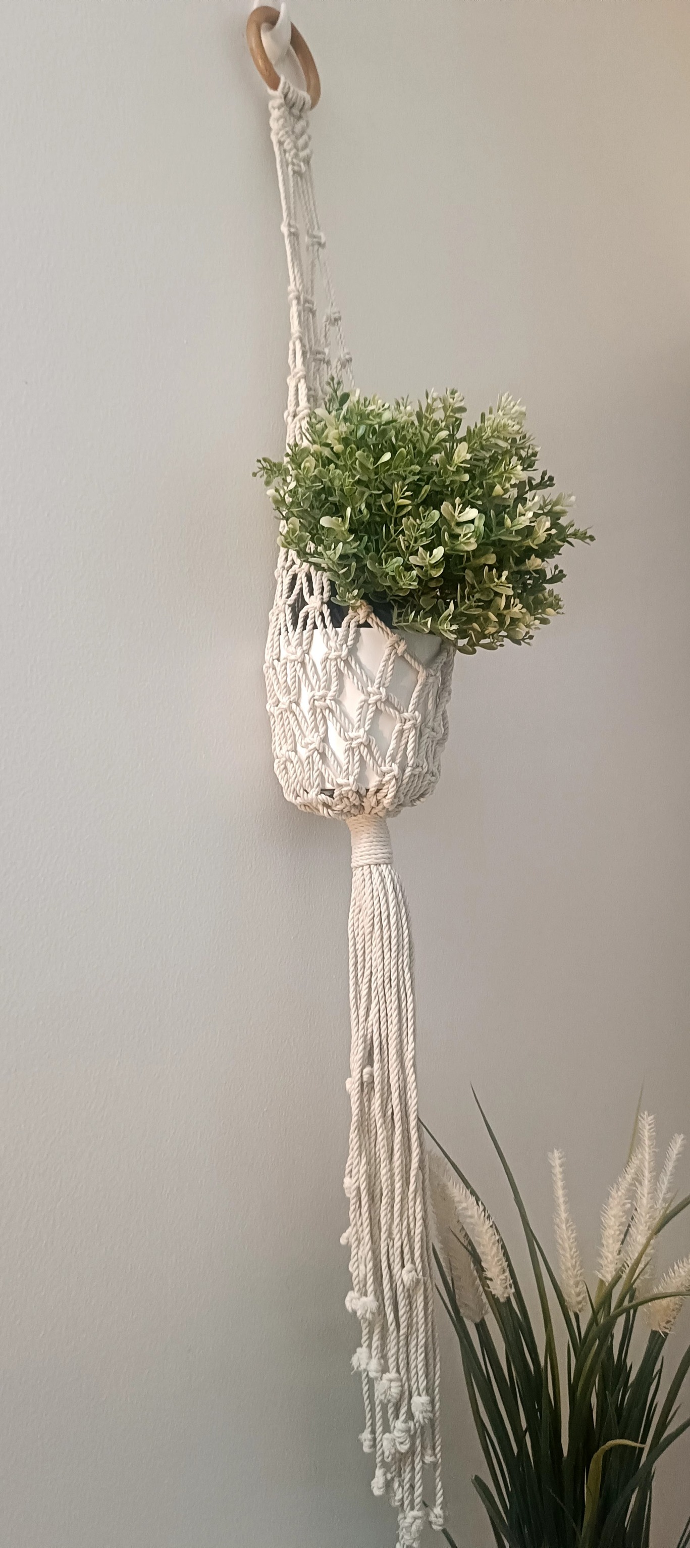 Macrame Cotton Plant Wooden Ring Net Style Hanger | Home Decor Flower Planter  100 Cms length