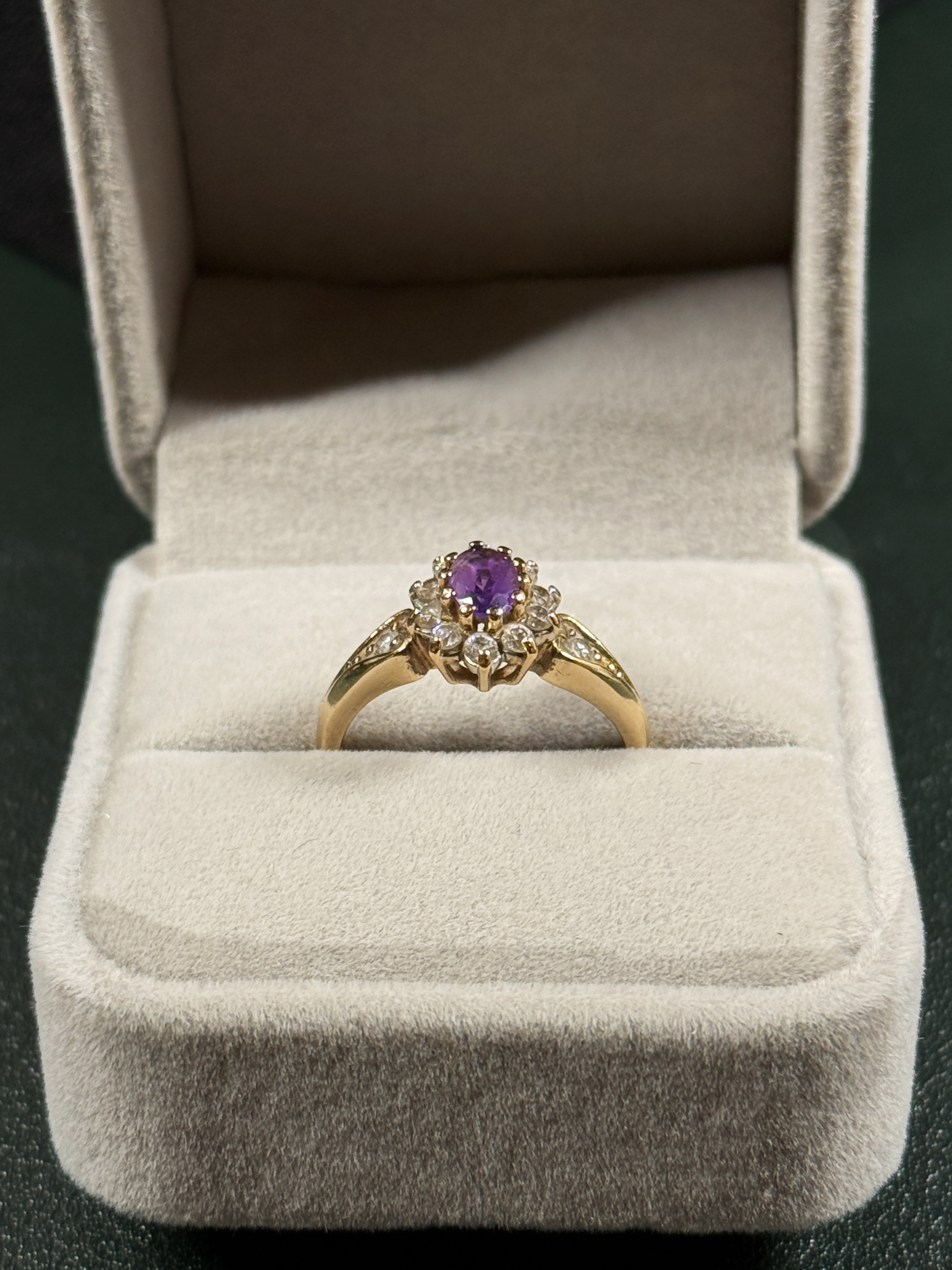 9ct Yellow Gold Ring with Diamonds and Central Amethyst