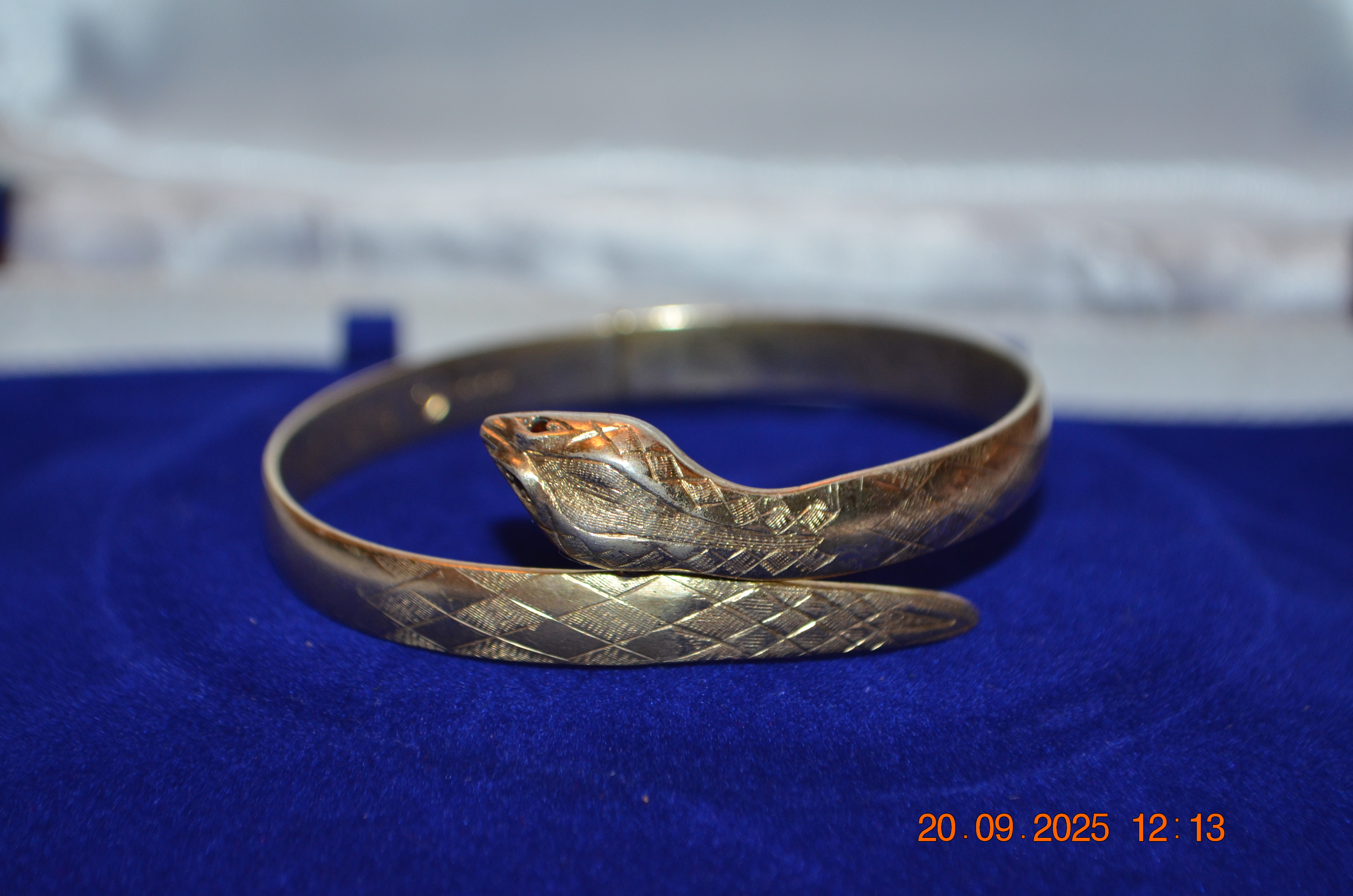 925 Sterling Silver, Antique Gold-Plated Snake Bangle