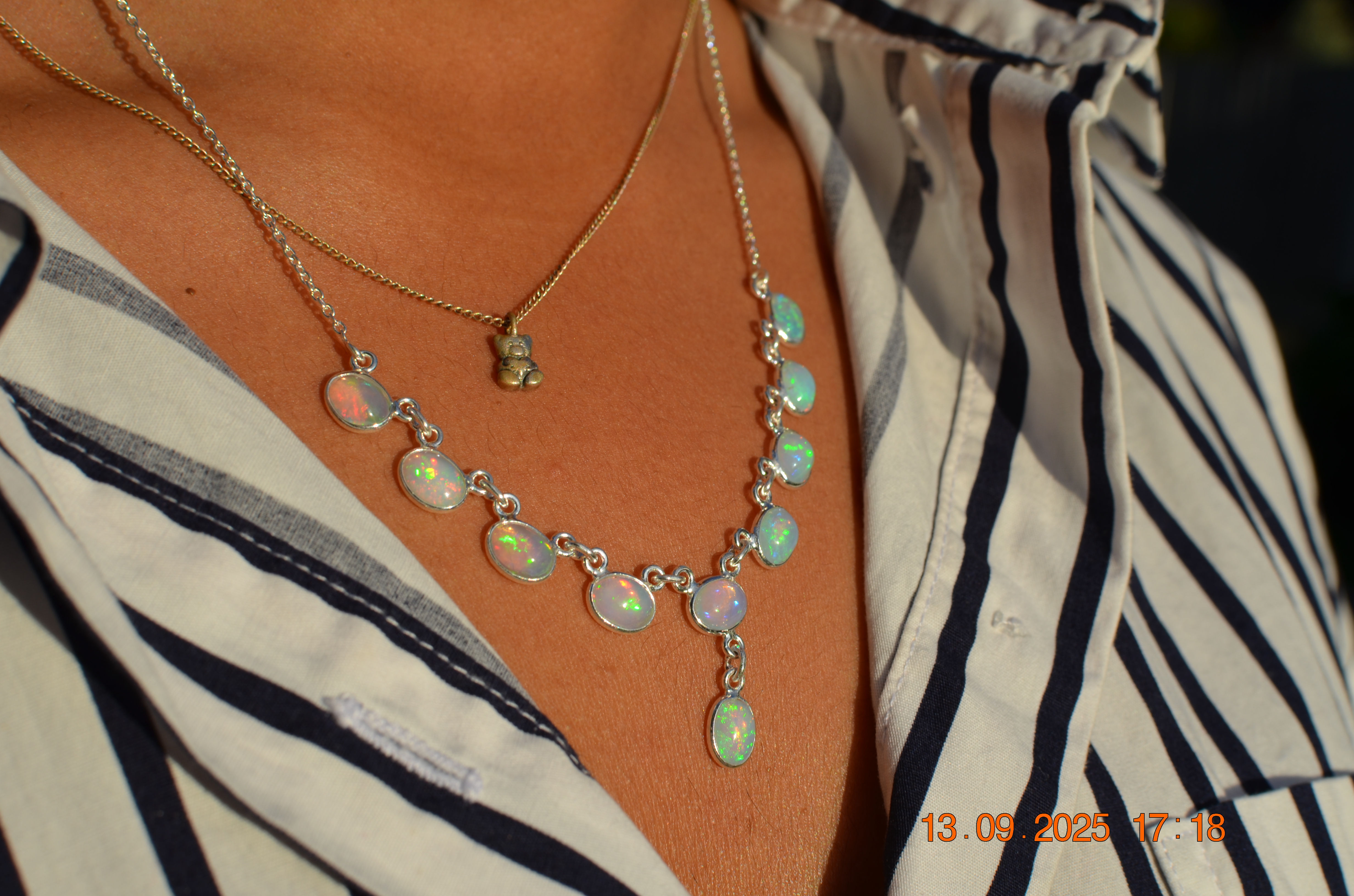 Sterling Silver and Natural Fire Opal Festoon Drop Necklace