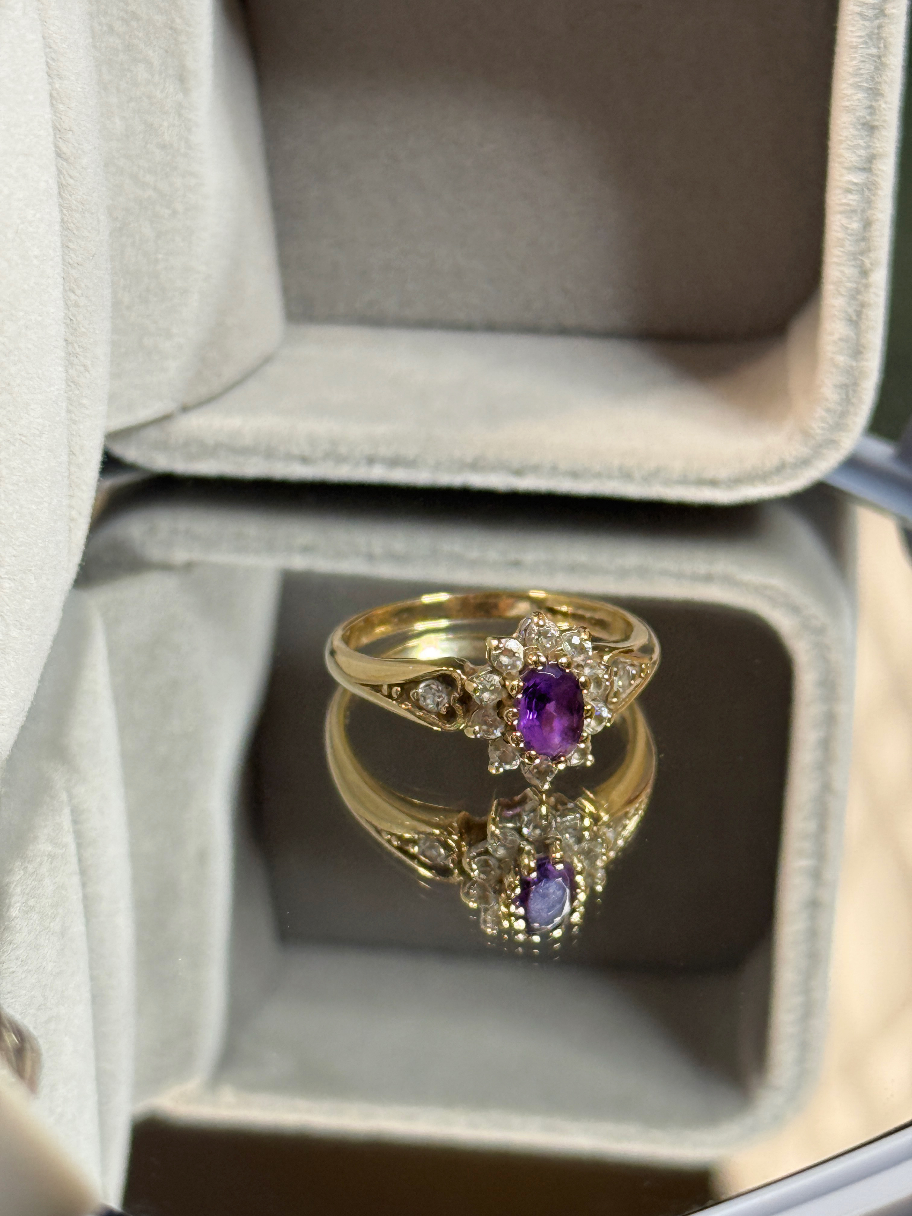 9ct Yellow Gold Ring with Diamonds and Central Amethyst