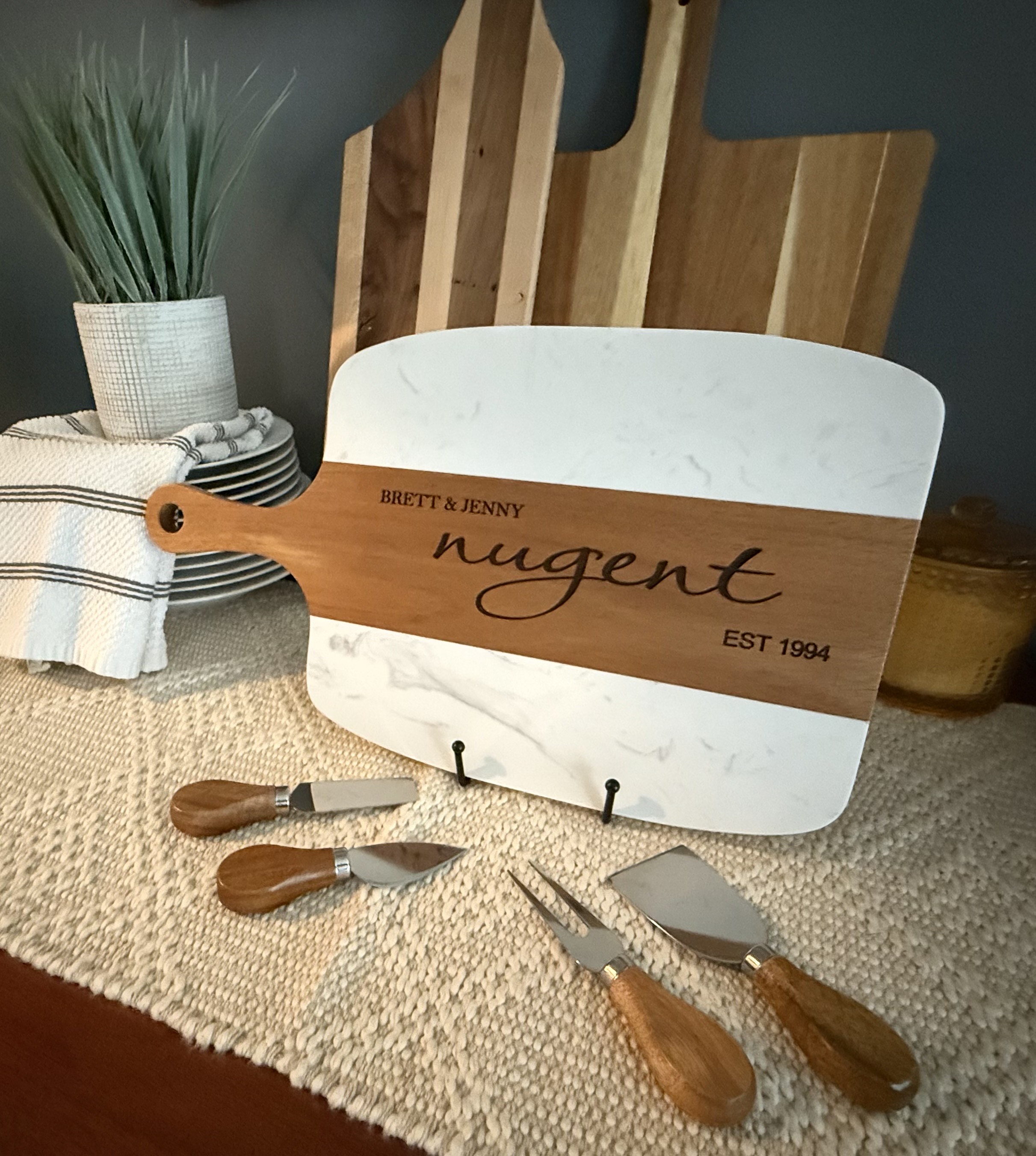 Personalized Marble and Wood Cheese Board Set
