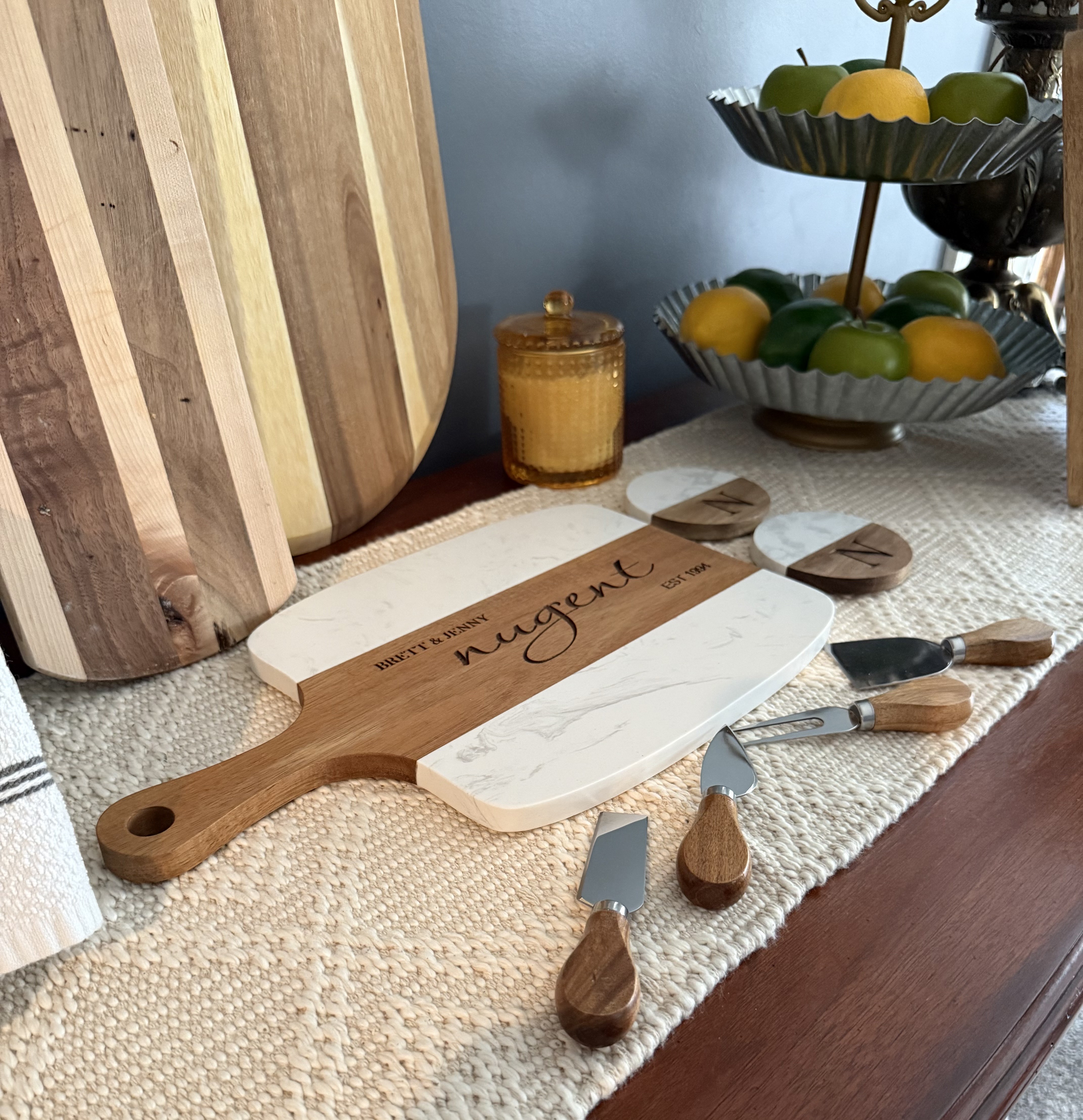 Personalized Charcuterie Board Set with utensils and two coasters
