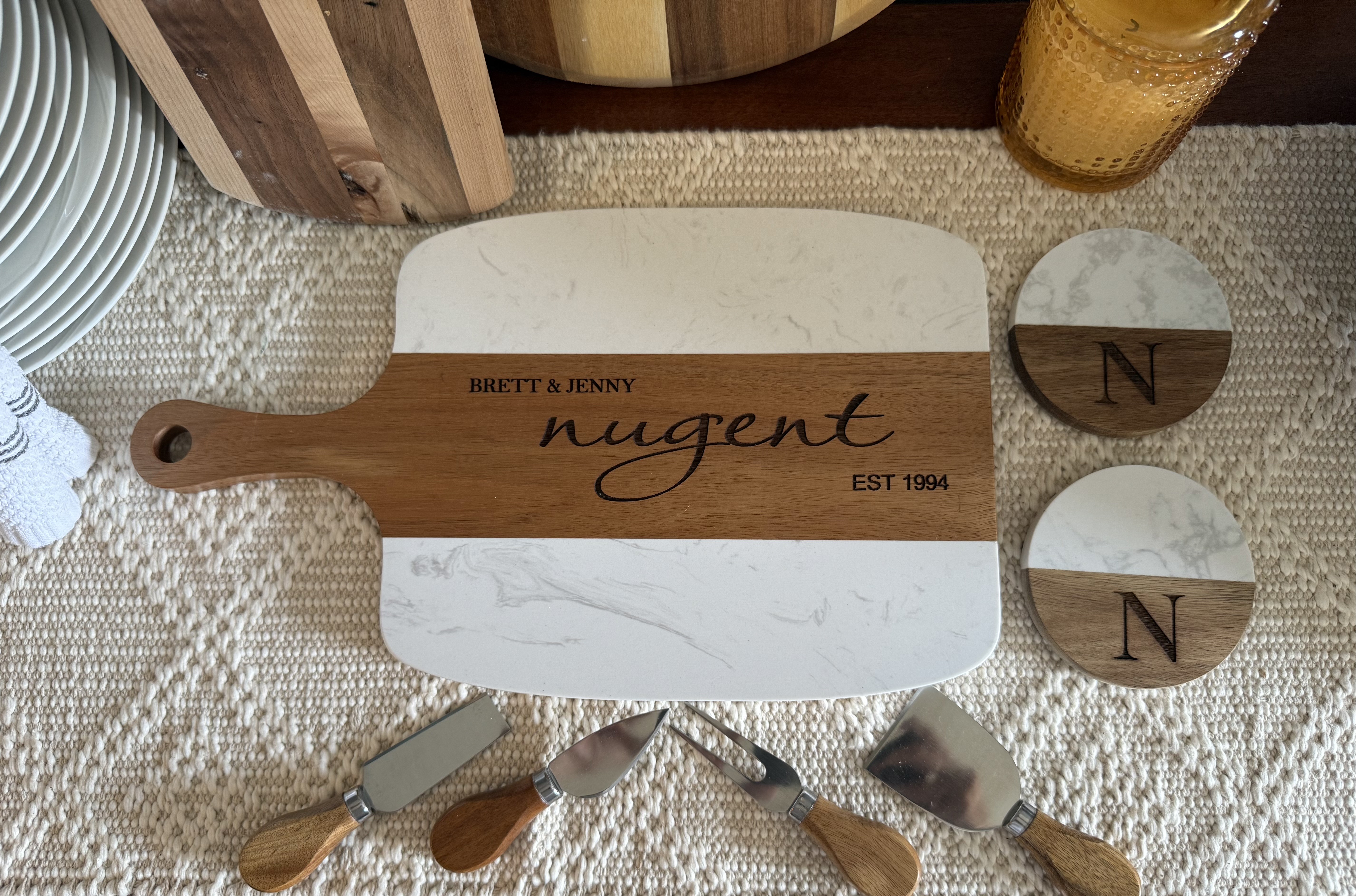 Personalized Charcuterie Board Set with utensils and two coasters