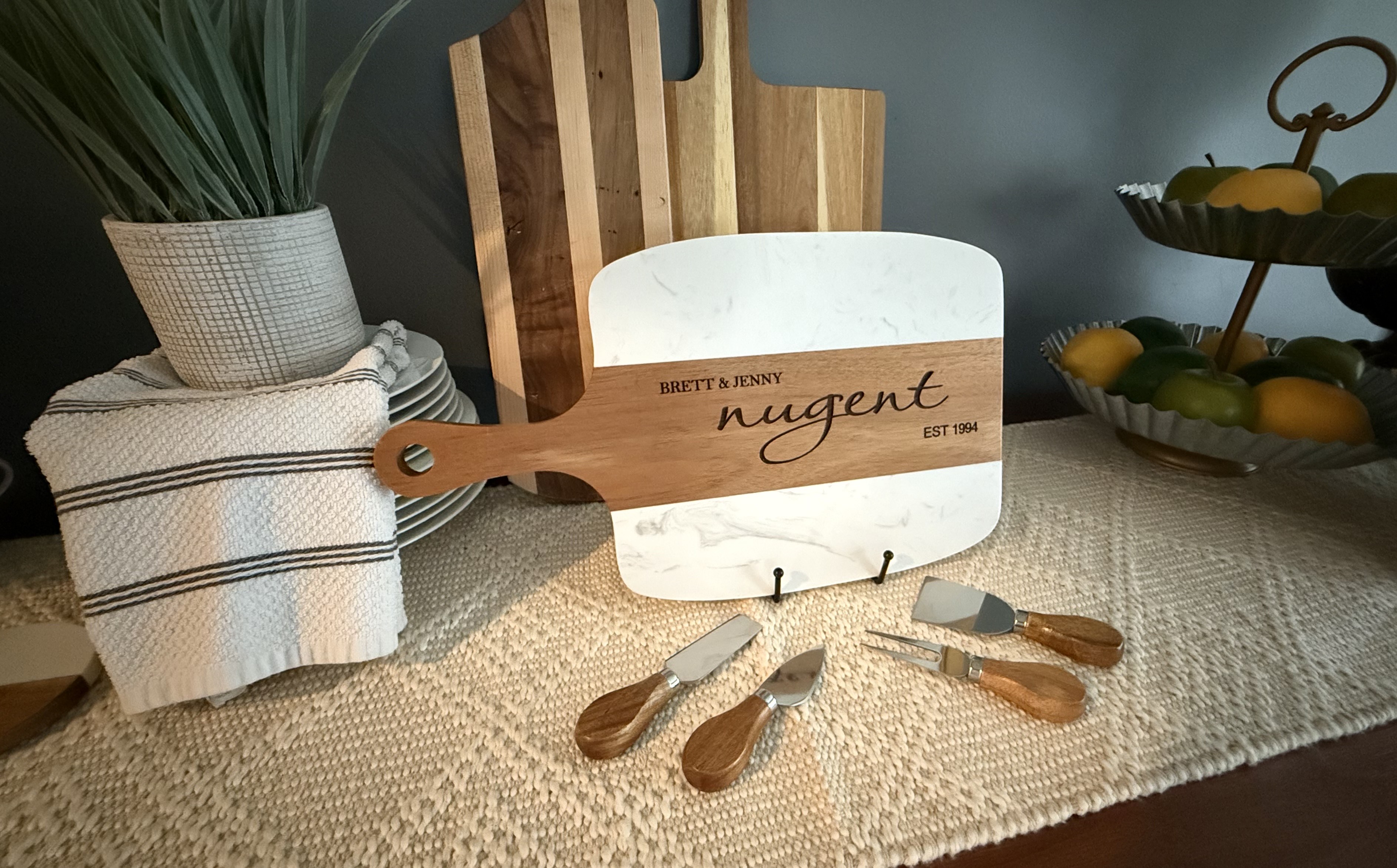 Personalized Marble and Wood Cheese Board Set