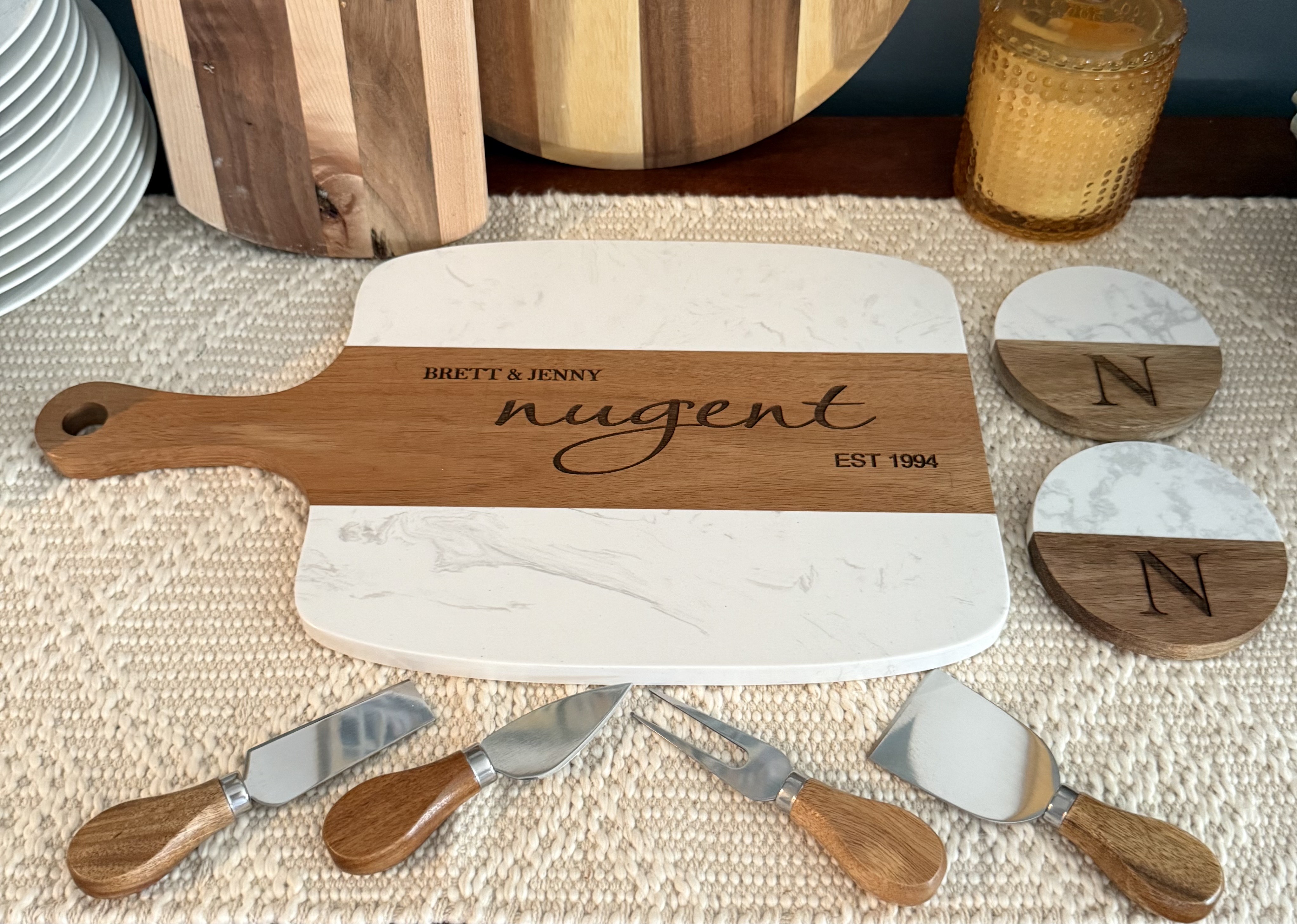 Personalized Charcuterie Board Set with utensils and two coasters