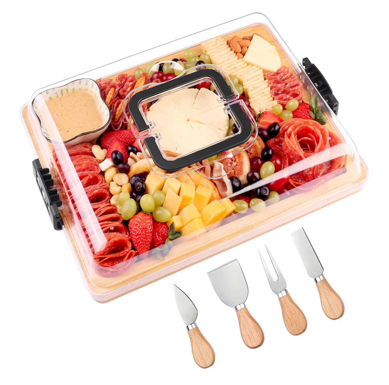 Personalized Travel Charcuterie Board with Lid and Handle plus Utensil Set