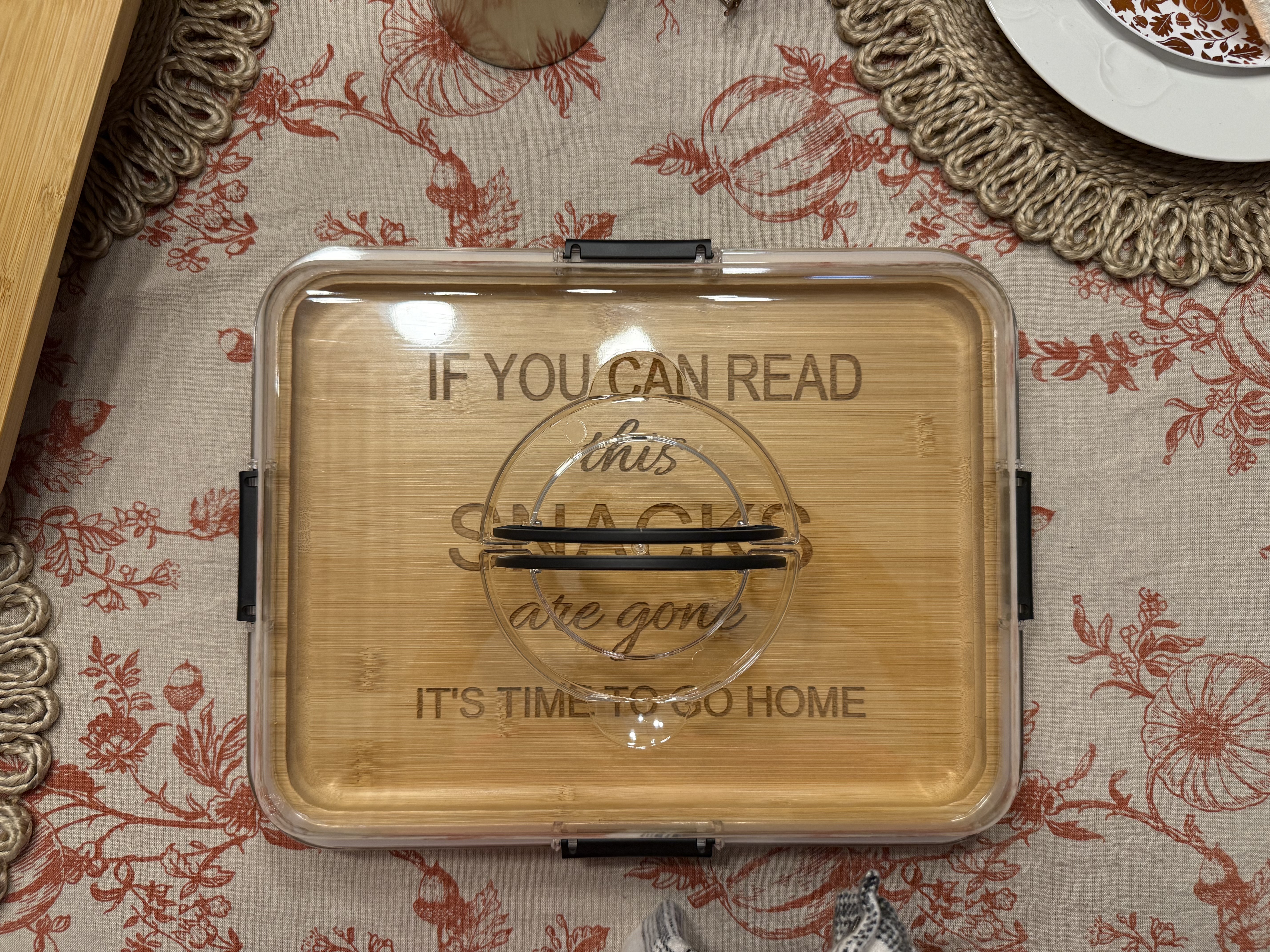 Personalized Travel Charcuterie Board with Lid and Handle plus Utensil Set
