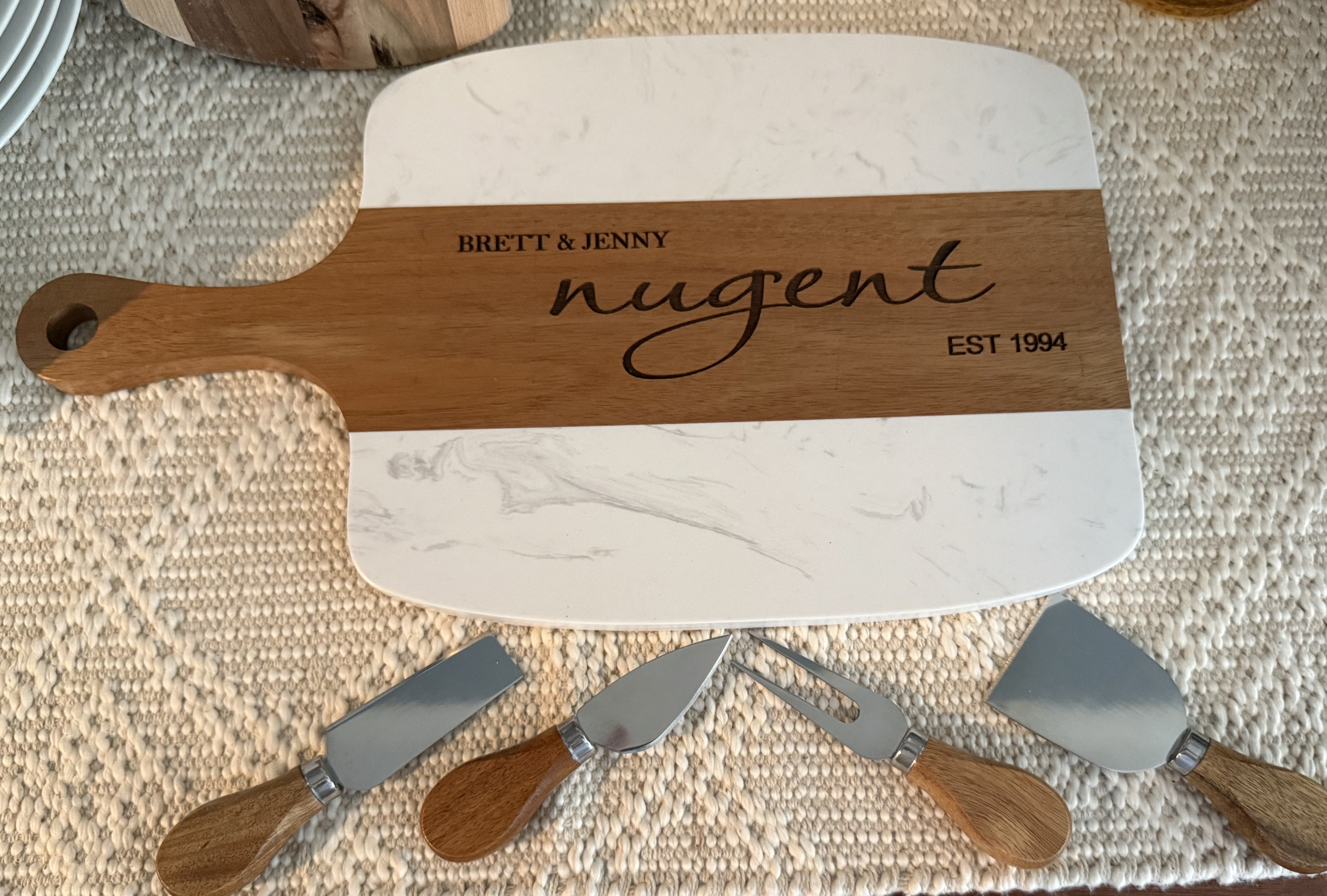 Personalized Marble and Wood Cheese Board Set