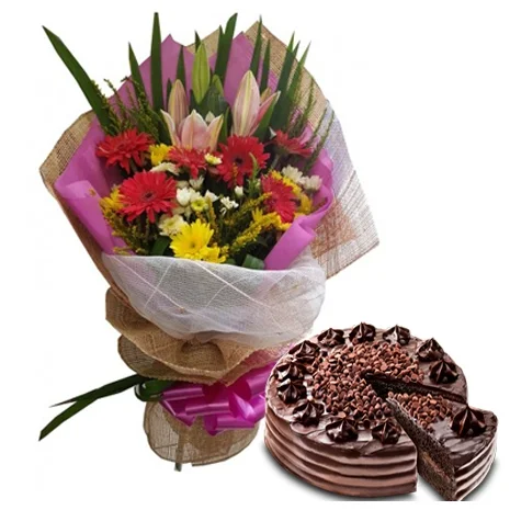 Flower Bouquet and Chocolate Cake Combo