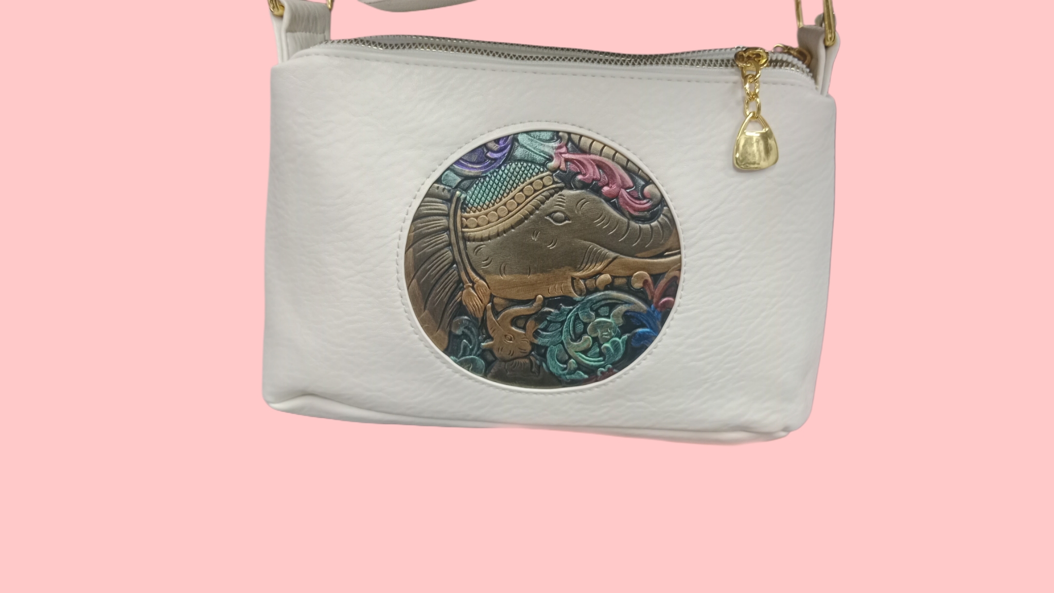 White Leather Shoulder Bag with Decorative Horse Design