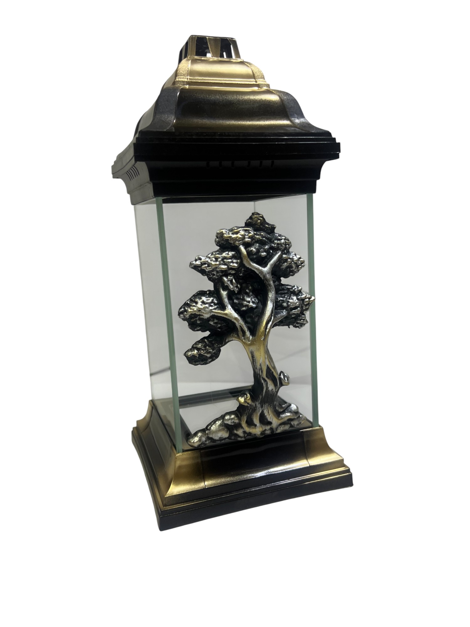 Žvakė Kvadratinė auksinės spalvos su medžio dekoracija