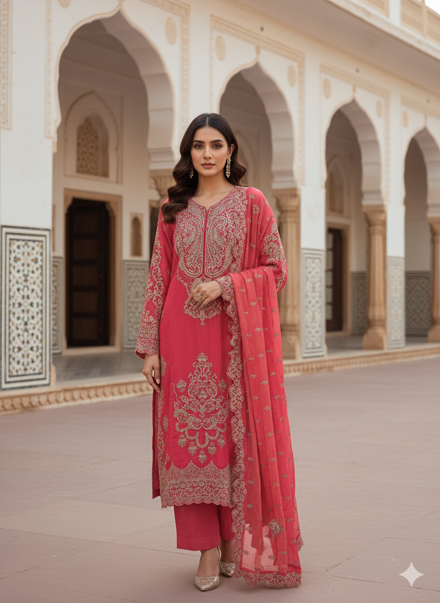 Coral Red Resham Embroidered Suit