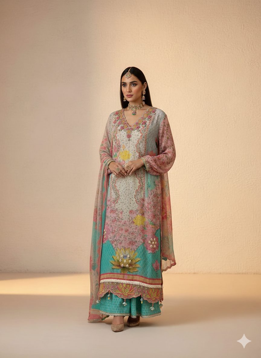 Embroidered Floral Printed Suit