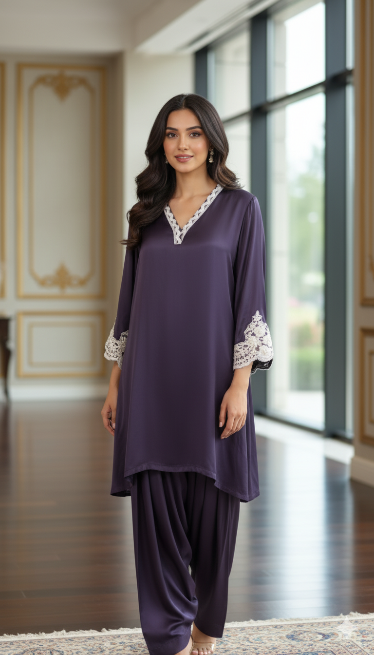 Dark Purple Satin Silk Co-ord Set