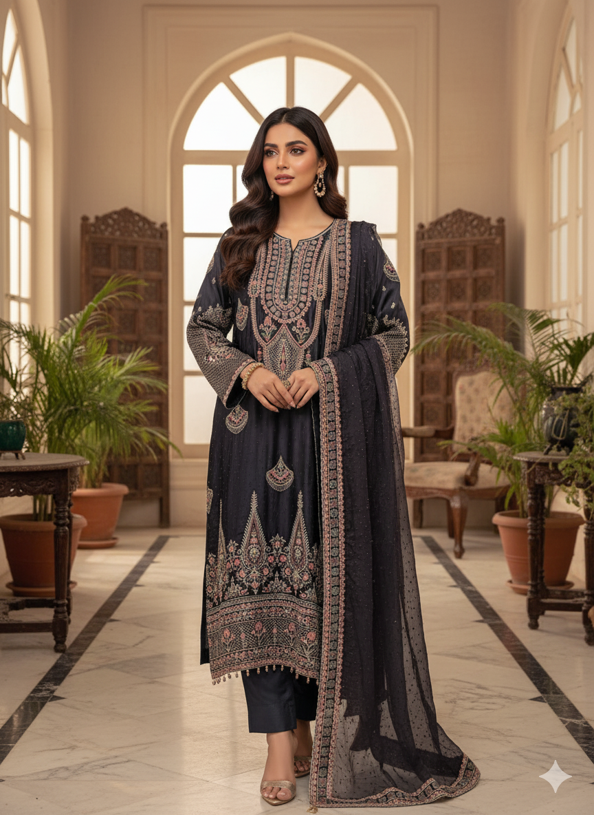 Embroidered Charcoal Grey Parsi Delight
