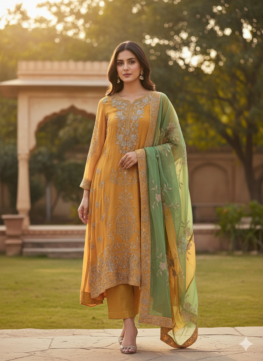 Mustard Yellow Resham Embroidery Suit