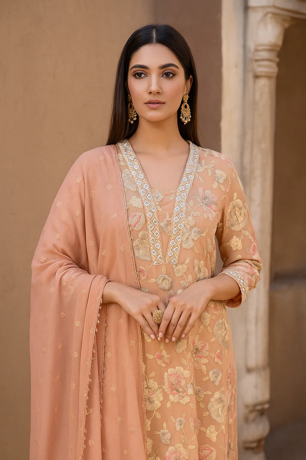 Peach Floral Embroidered Suit
