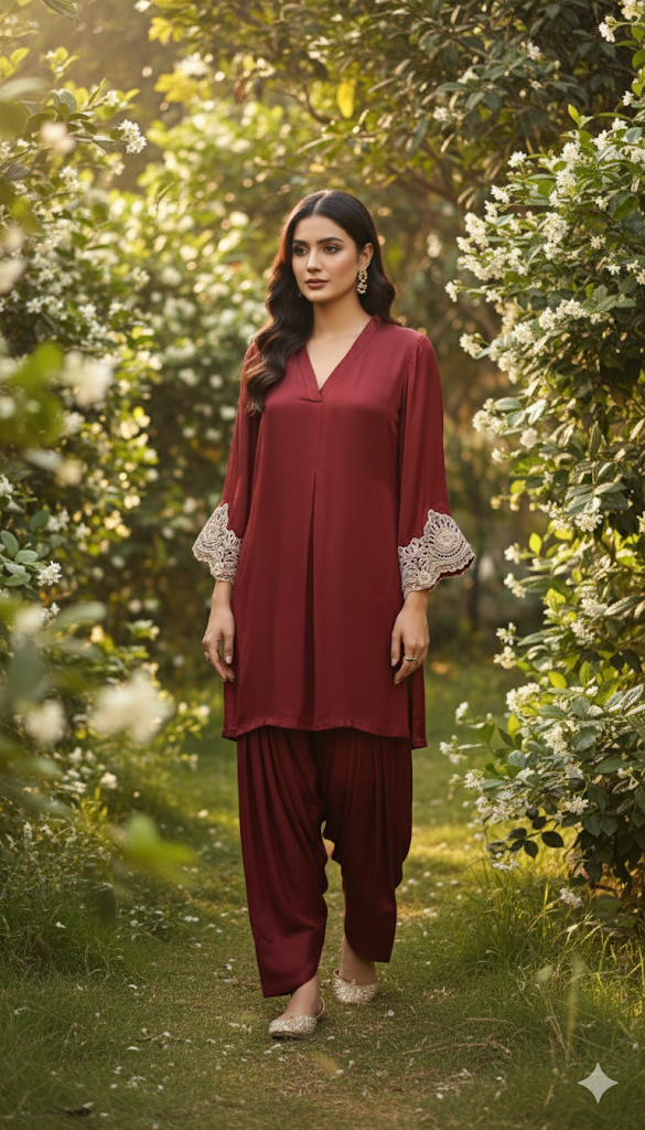 Maroon Red Satin Silk Co-ord set